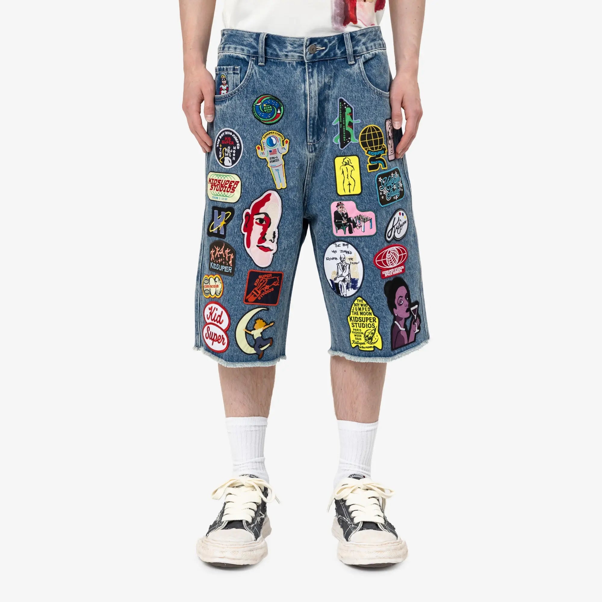 KidSuper Patches Denim Long Shorts Dark Blue - 1