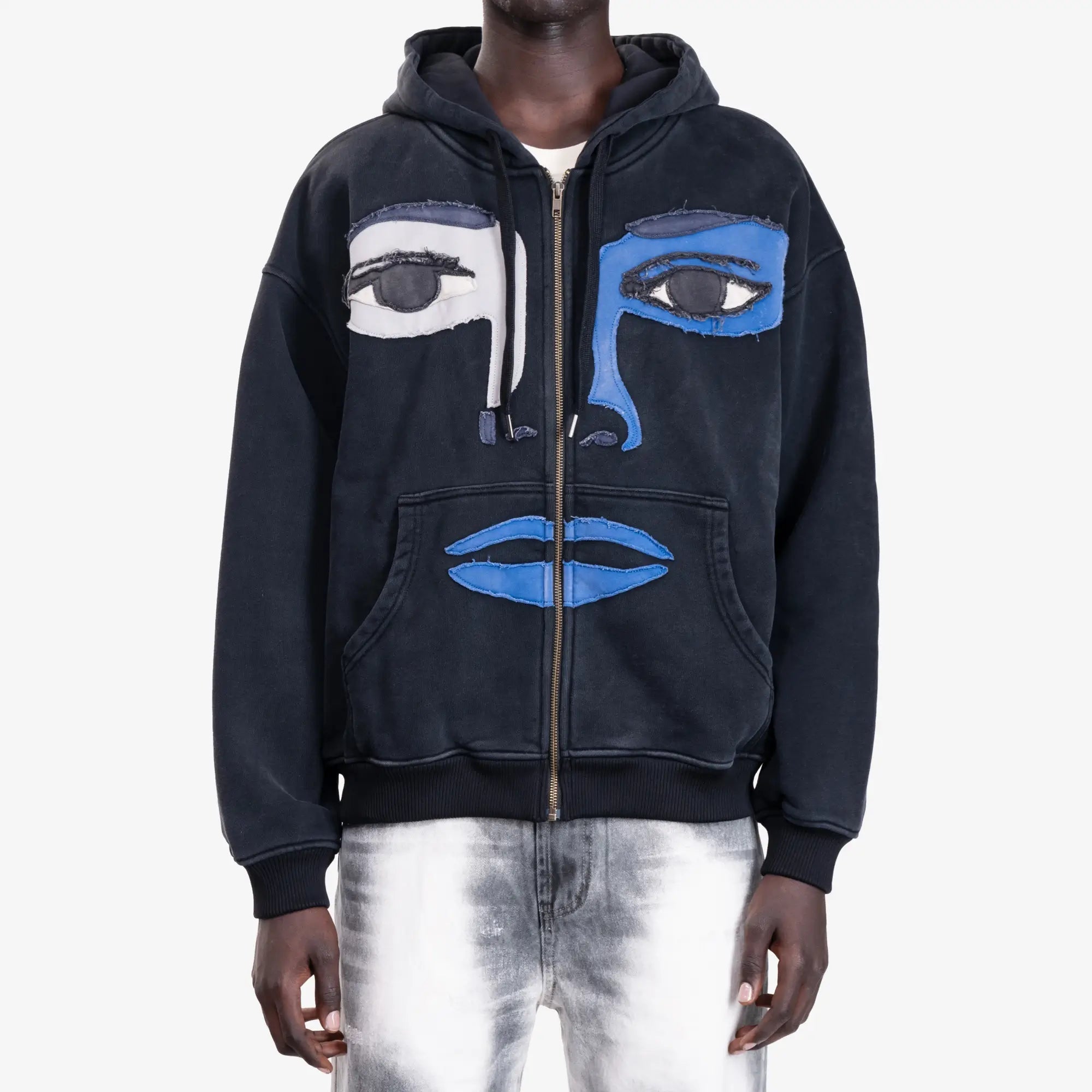KidSuper Patchwork Face Heavy Zip Hoodie Black - 1