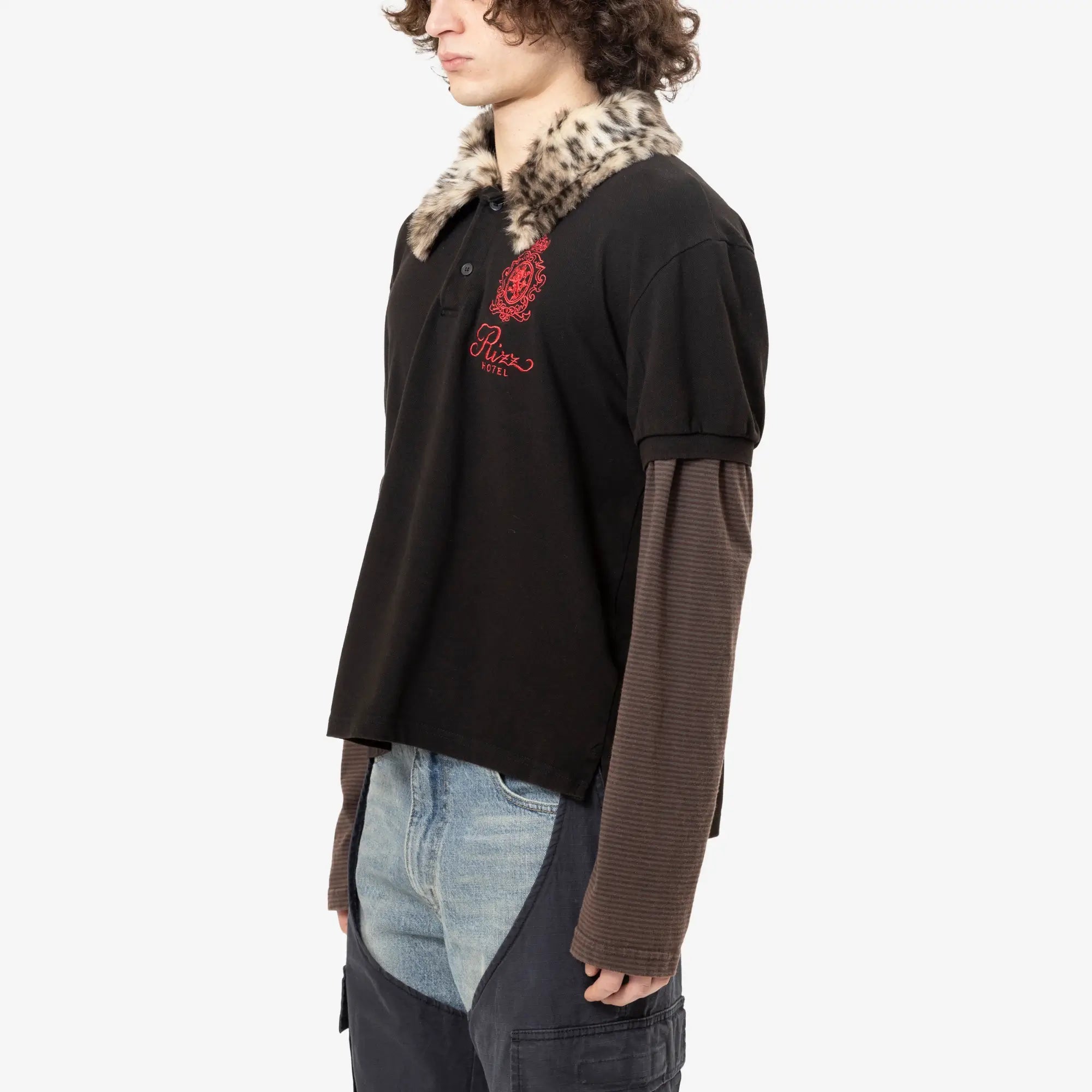 Protocol Index Fur Collar Layered Polo T-Shirt Black - 3