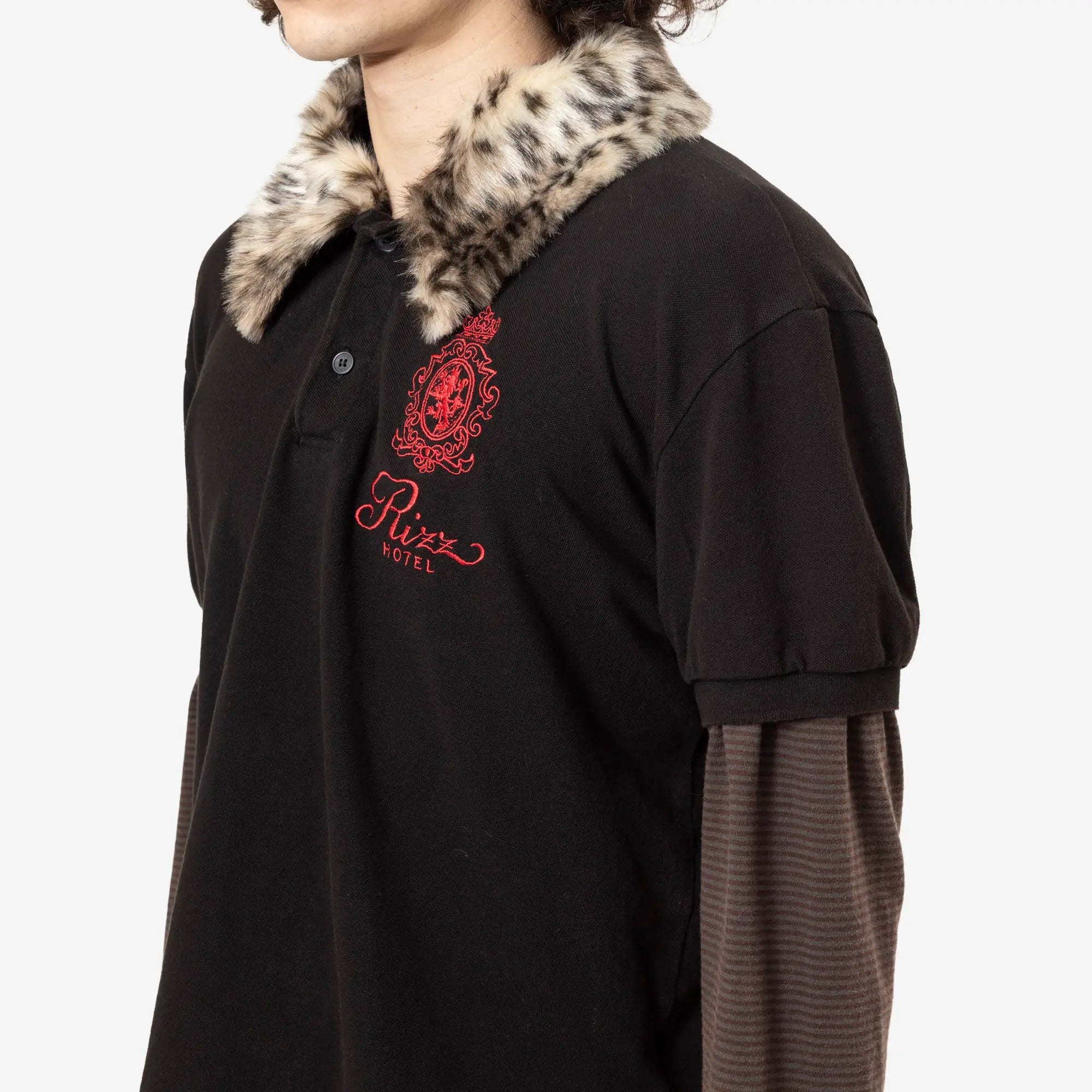 Protocol Index Fur Collar Layered Polo T-Shirt Black - 5