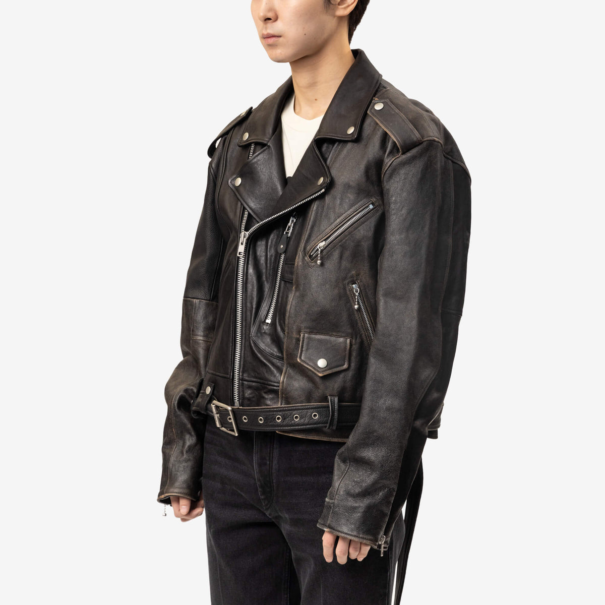 Protocol Index Reconstructed Leather Biker Jacket Black-3