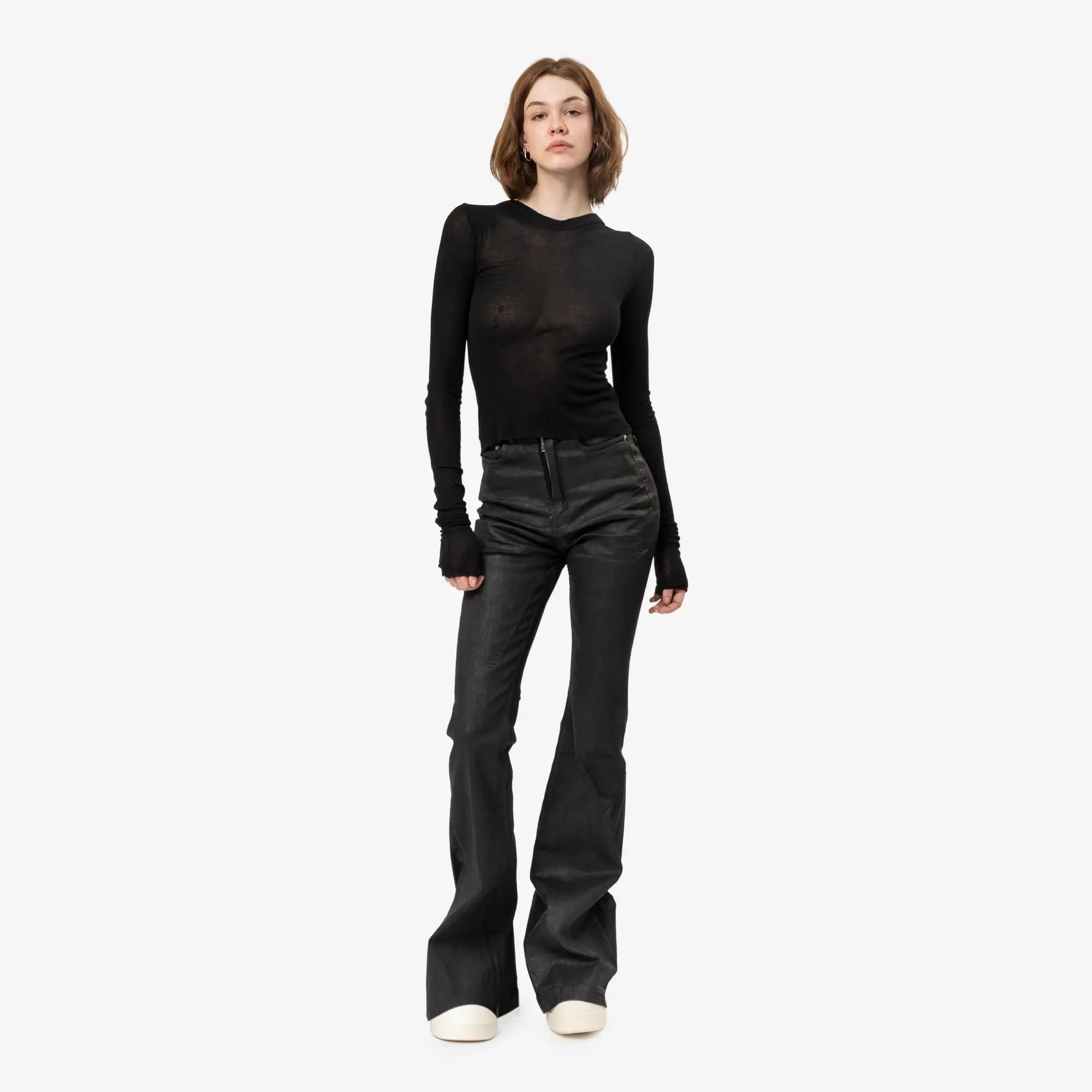 Rick Owens Womens Cropped Hooded Rib LS Tee Black - 2