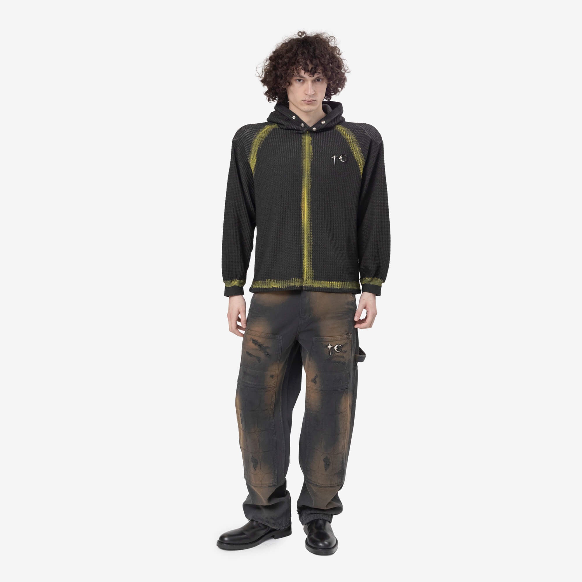Thug Club Bulk Shoulder Painted Line Waffle Hoody Black/Yellow - 3