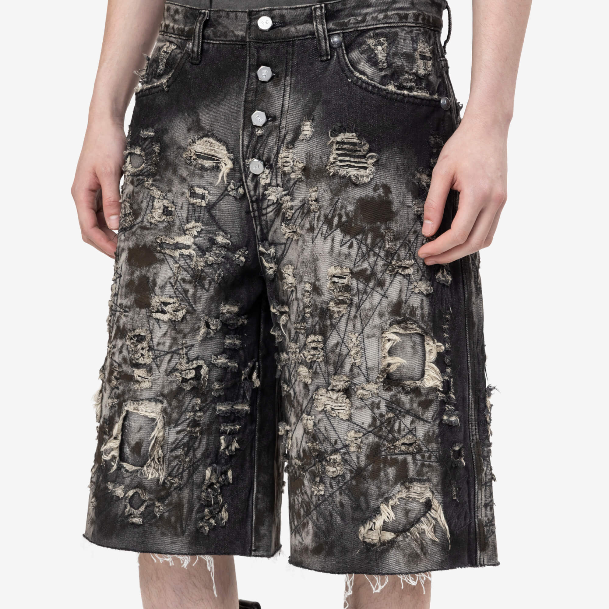 Thug Club Hard Washed Destroyed Denim Shorts Black - 5