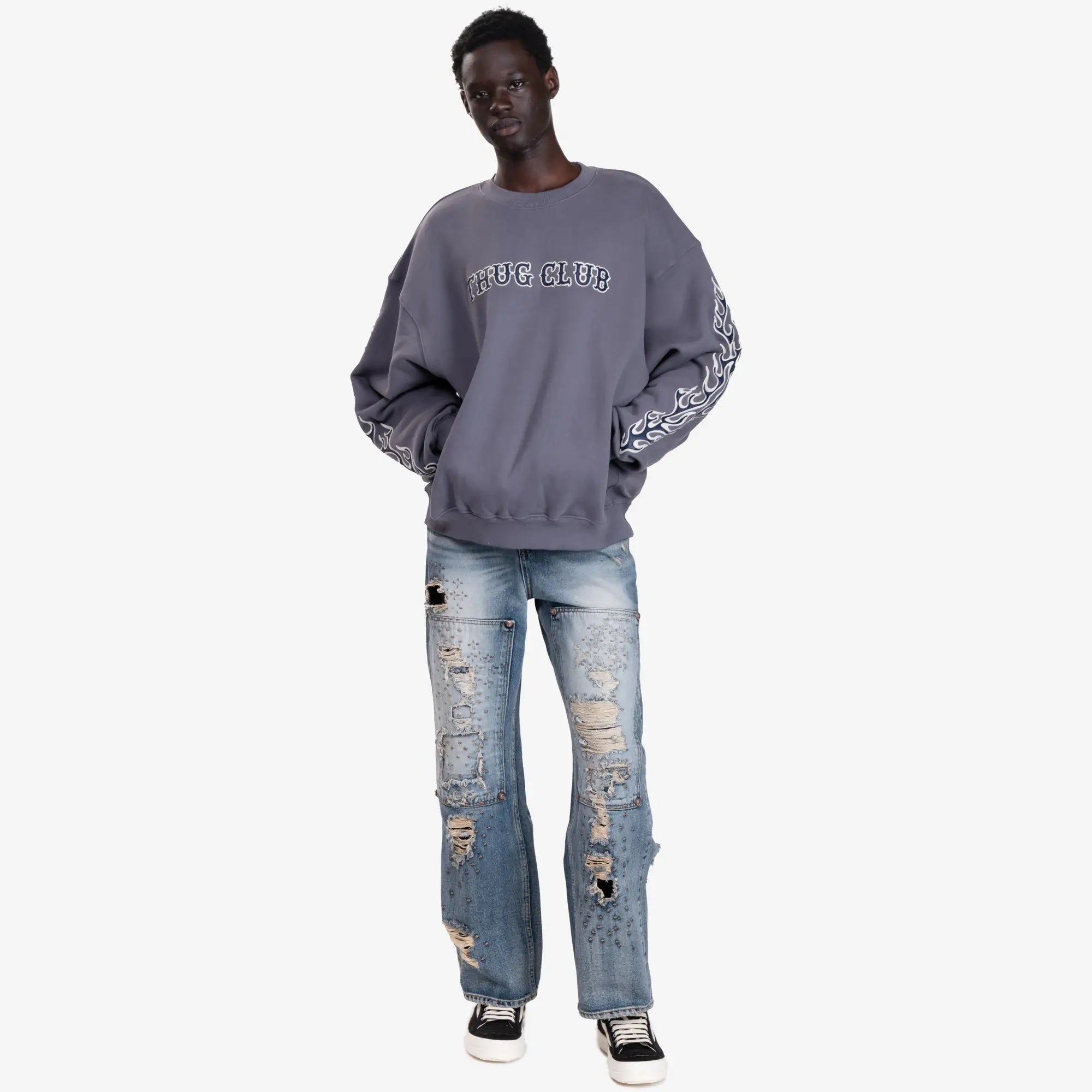 Thug Club Leather Flame Sweatshirt Grey - 2