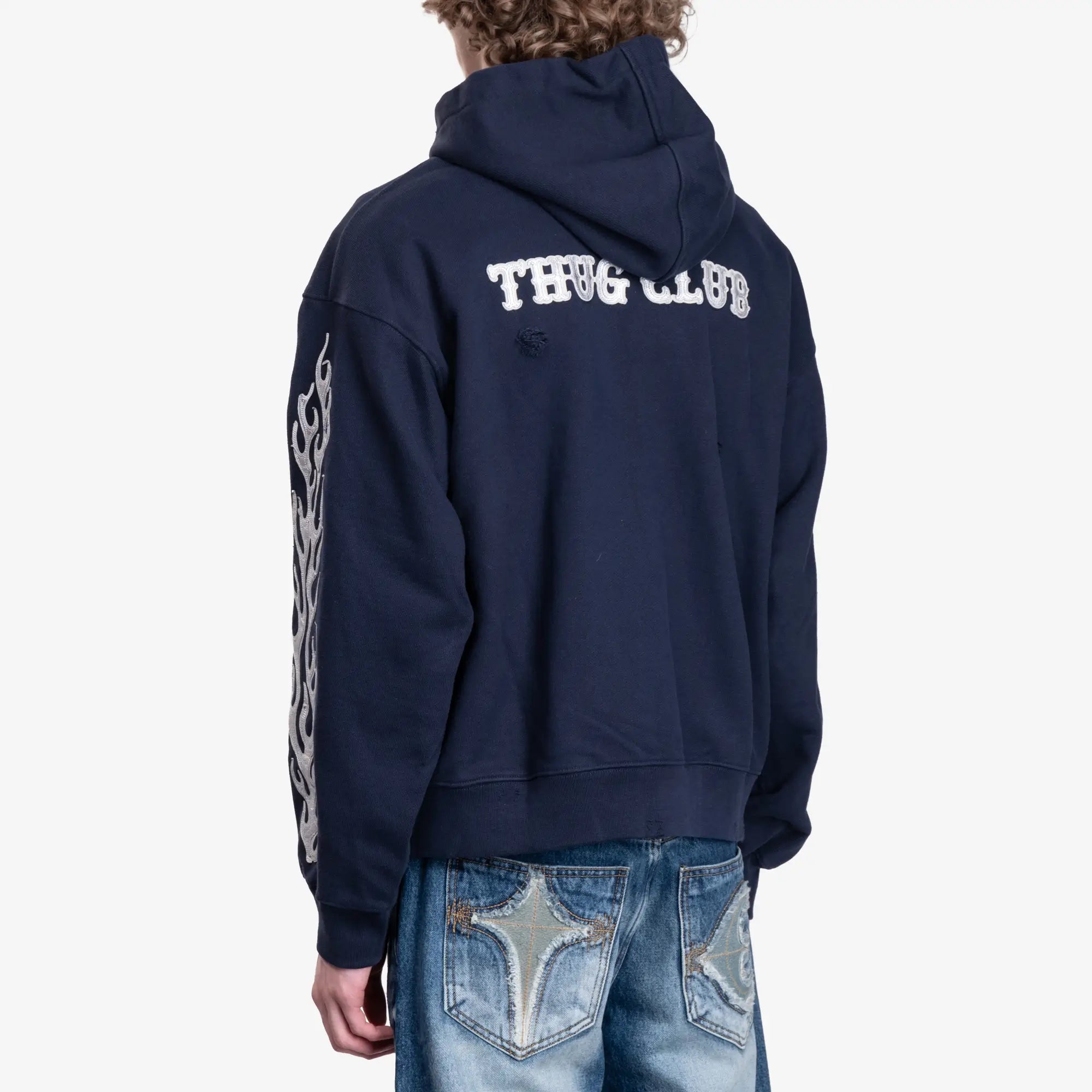 Thug Club Leather Flame Zip Hoody Navy - 4