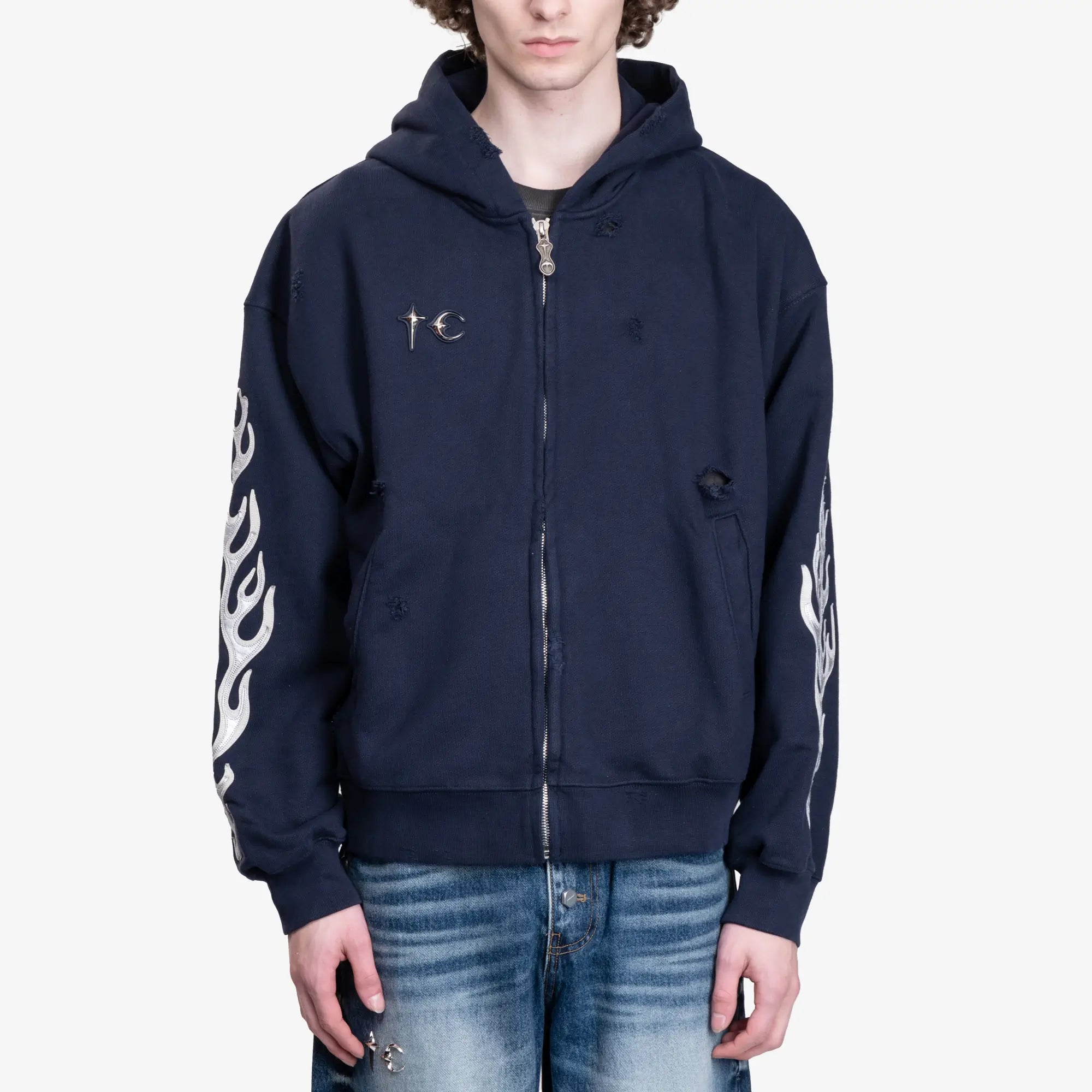 Thug Club Leather Flame Zip Hoody Navy - 1