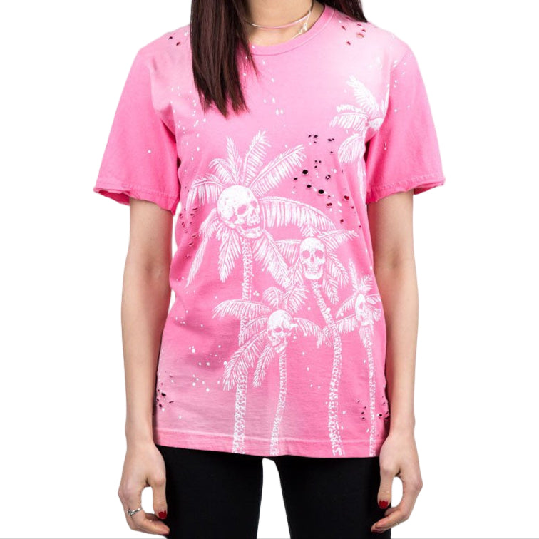 Dom Rebel Skull Palms Paint Splatter T-Shirt Pink - 2