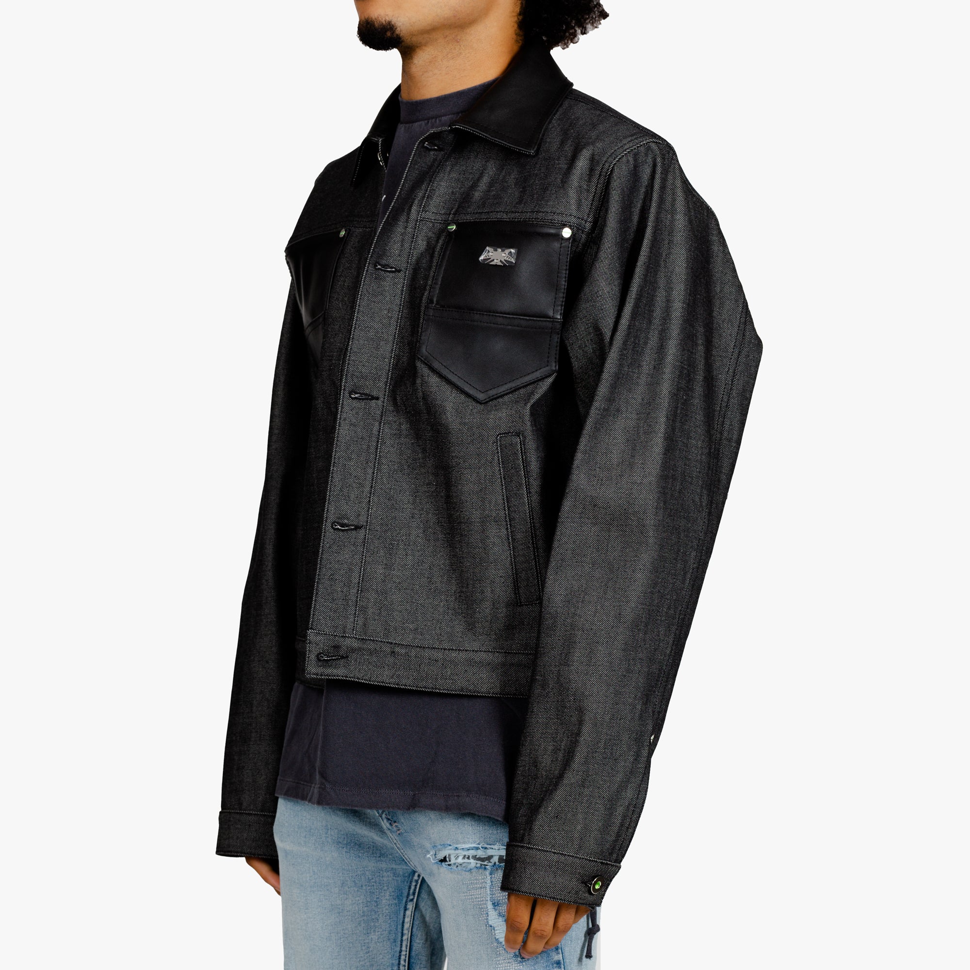 Sankuanz Leather Trim Denim Jacket Black - 2