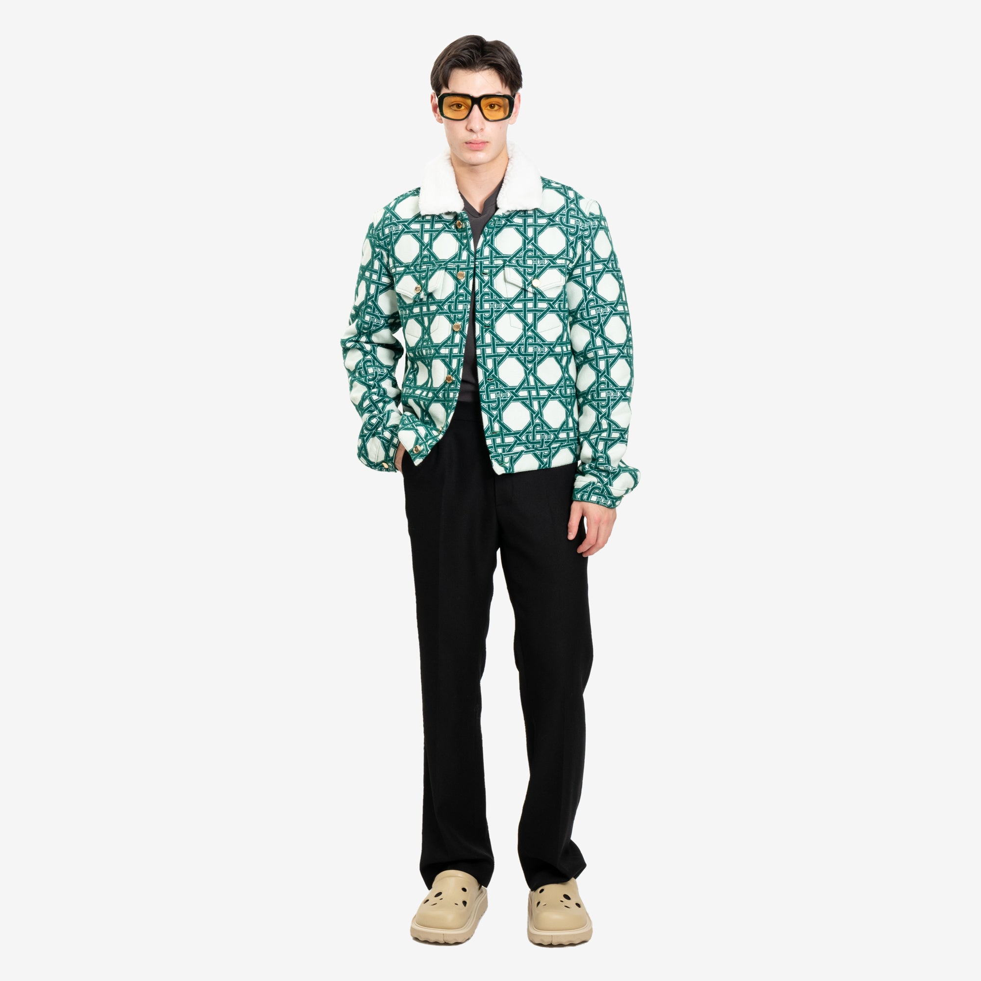Casablanca Le Monogramme D'Osier Shearling Denim Jacket Green - 2