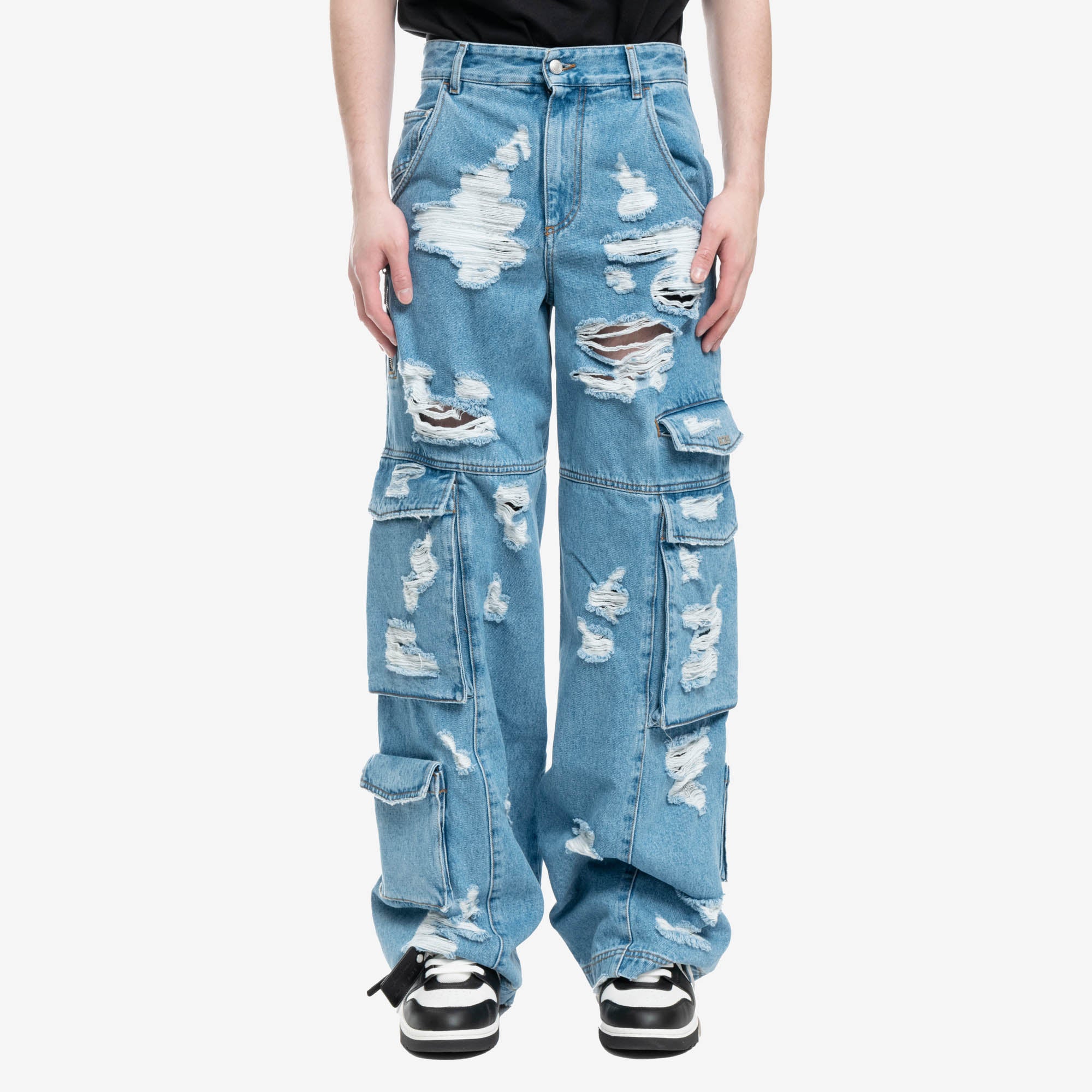 GCDS Ripped Ultracargo Denim Trousers Light Blue - 1