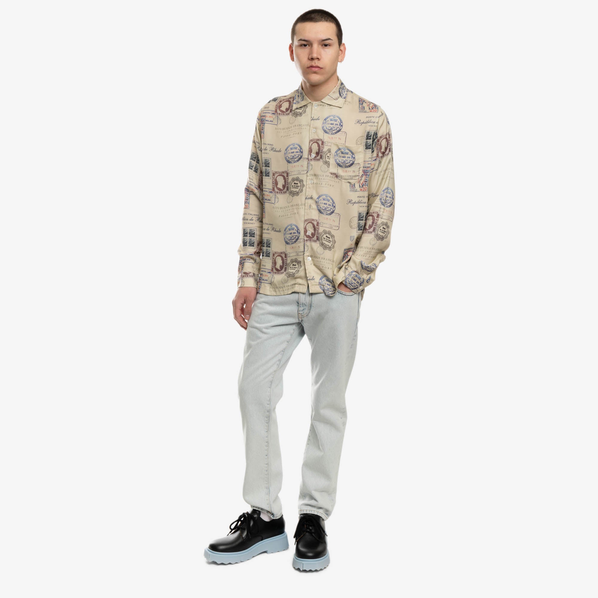 Rhude Passport Stamp Print Shirt Beige - 2