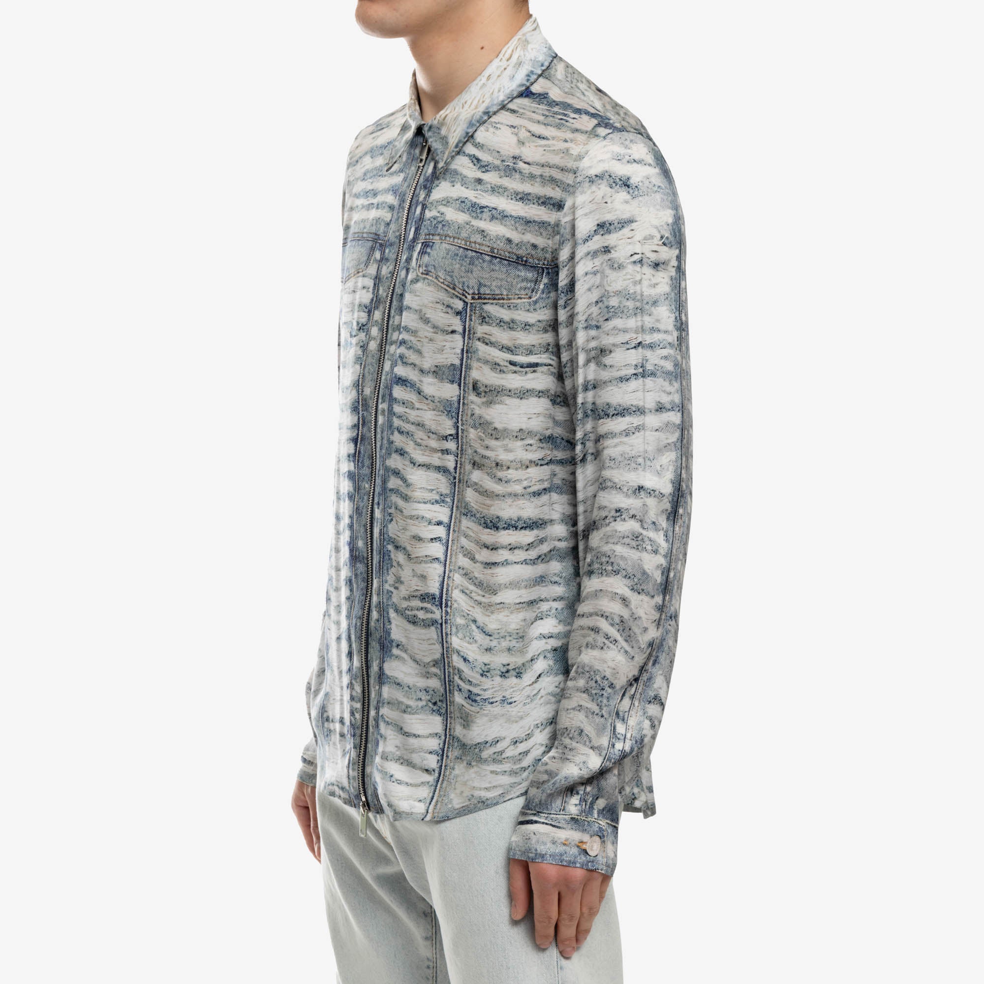 DIESEL Distressed Zip Up Denim Shirt Blue - 3