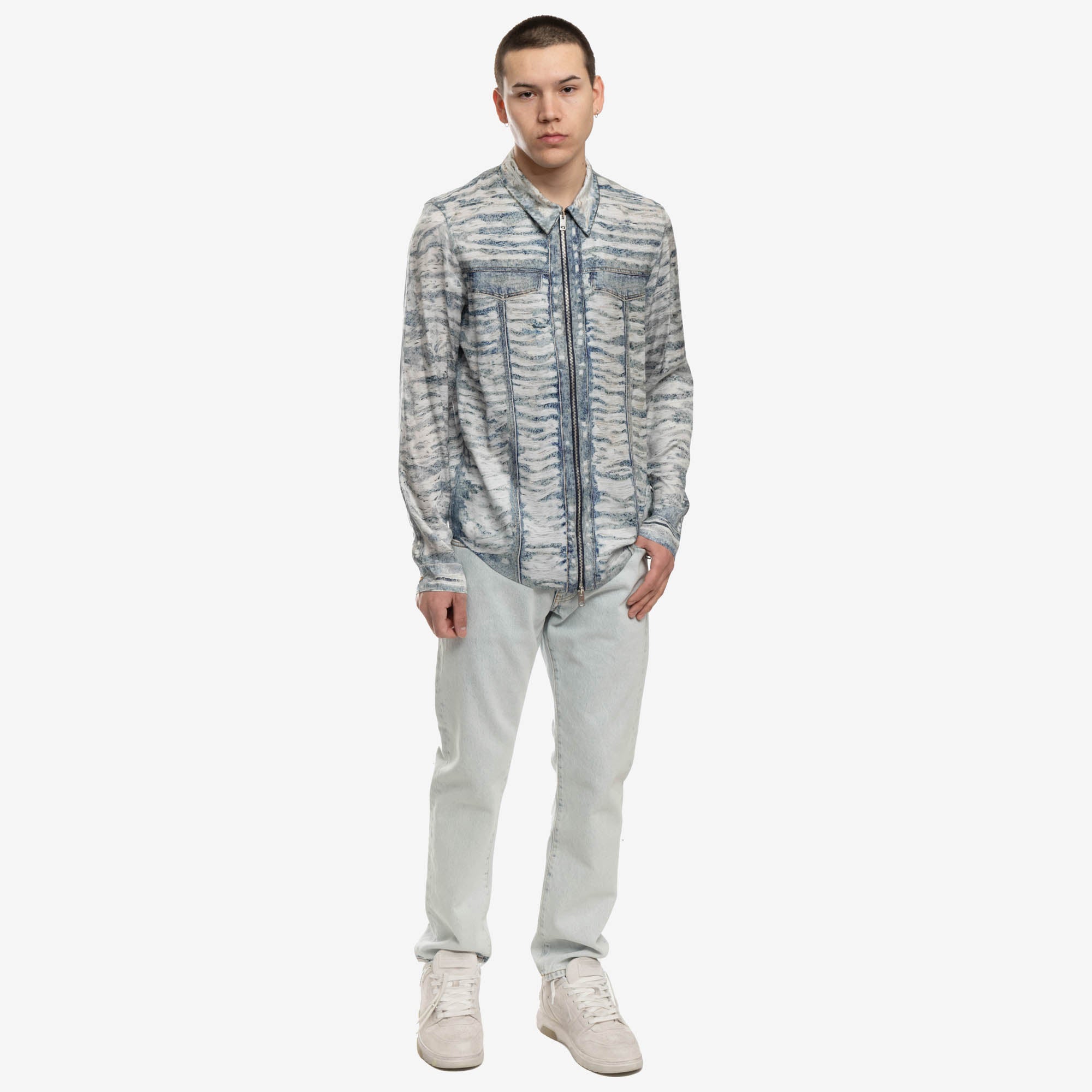 DIESEL Distressed Zip Up Denim Shirt Blue - 2