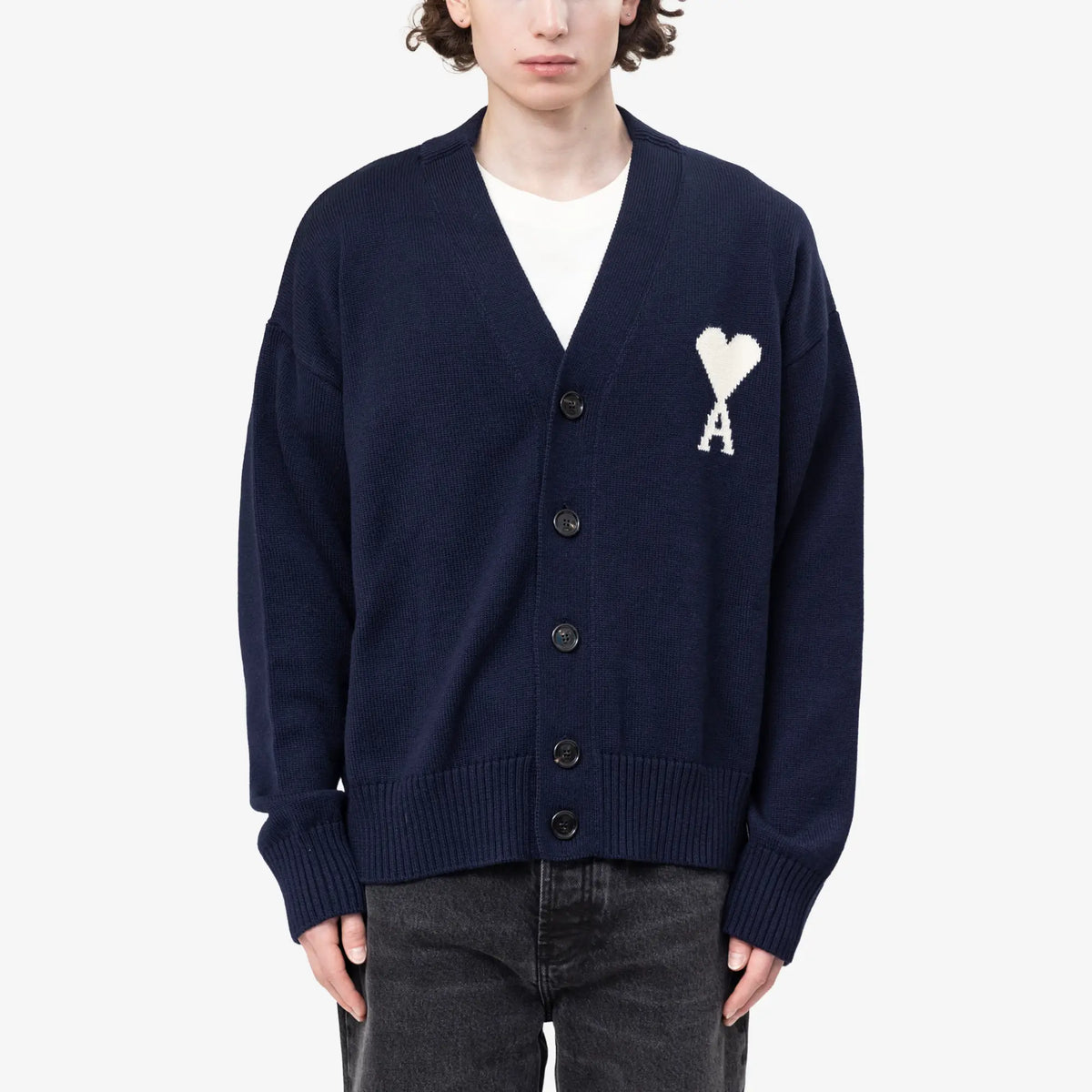 Ami Paris Contrast ADC Cardigan in Ink Blue | Feuille