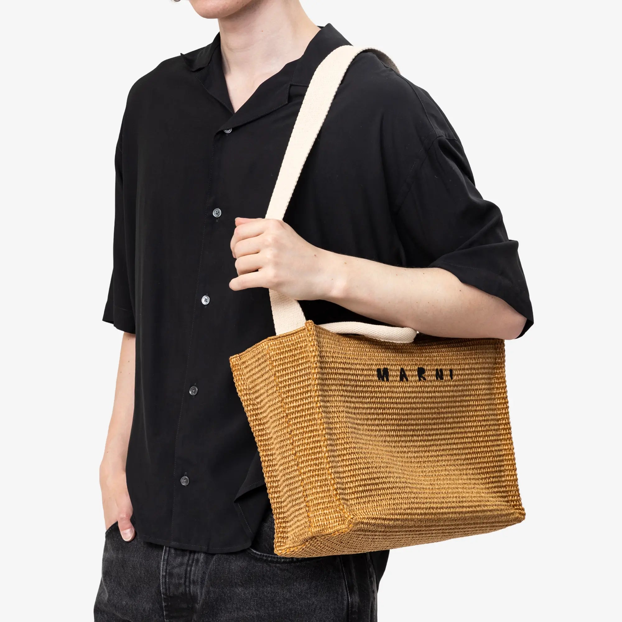 Raffia-Effect East-West Small Tote Bag