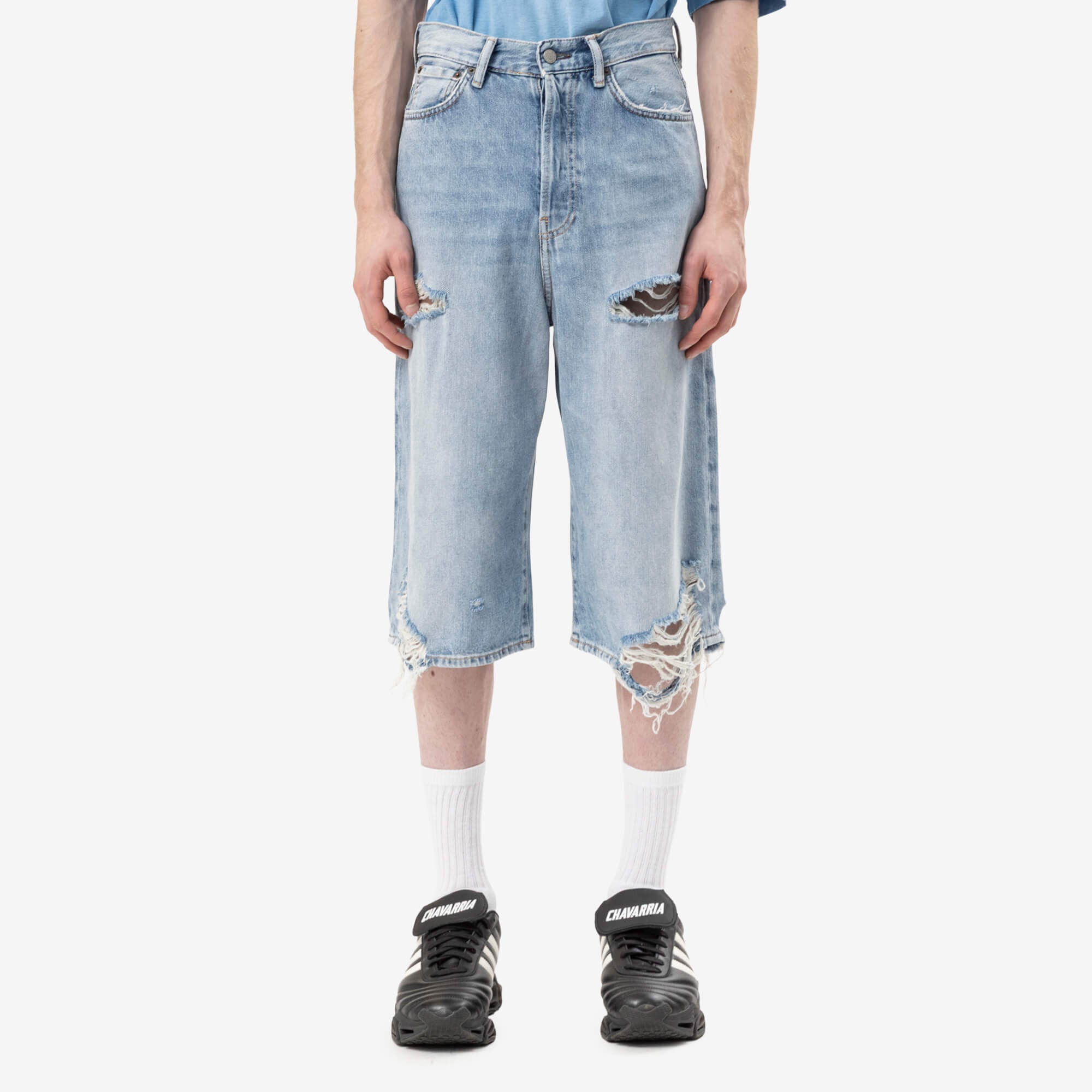 Acne Studios Unisex Loose Fit Distressed Denim Shorts Light Blue-1