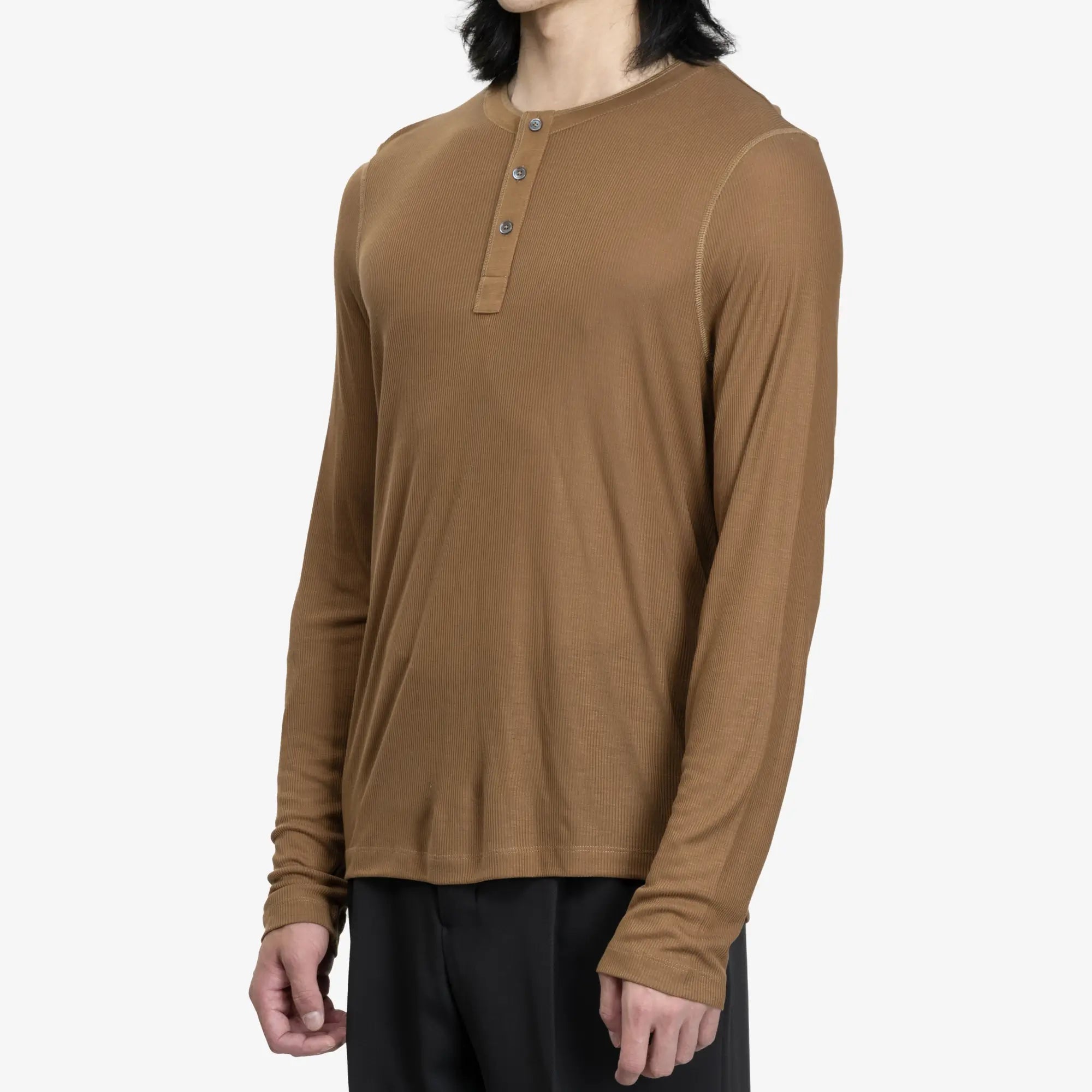AMI Ribbed Henley Shirt Hazelnut - 3