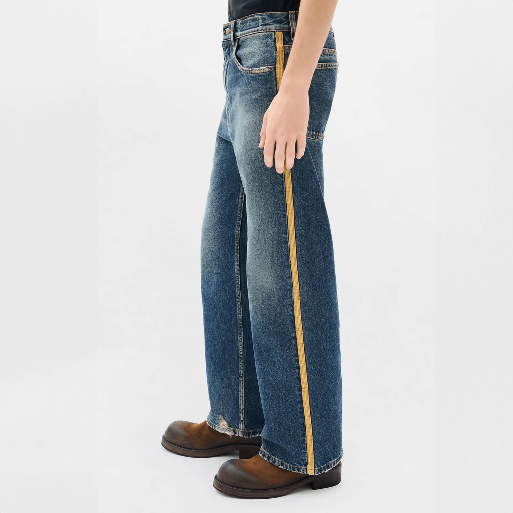 Ann Demeulemeester Alarik Contrast Side Band Flared Cropped Jeans Mid Blue - 2