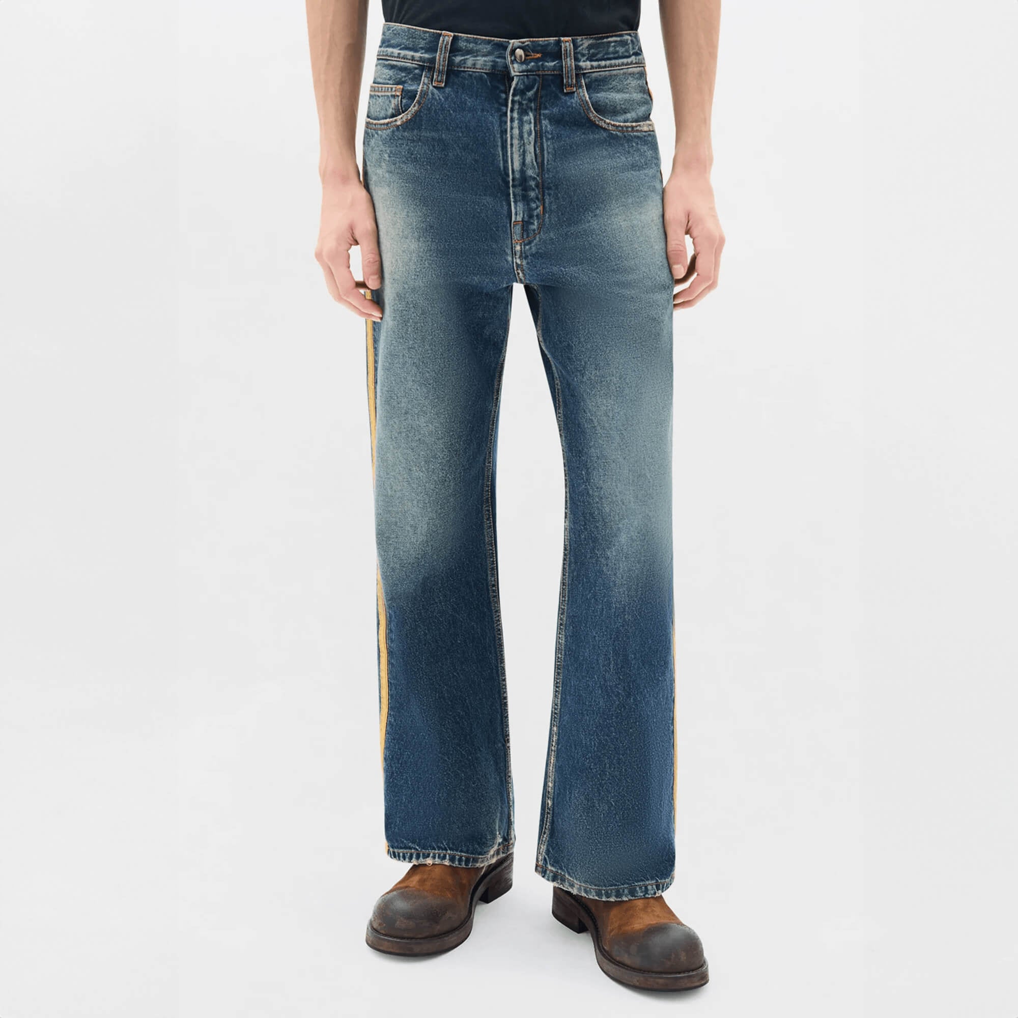 Ann Demeulemeester Alarik Contrast Side Band Flared Cropped Jeans Mid Blue - 1