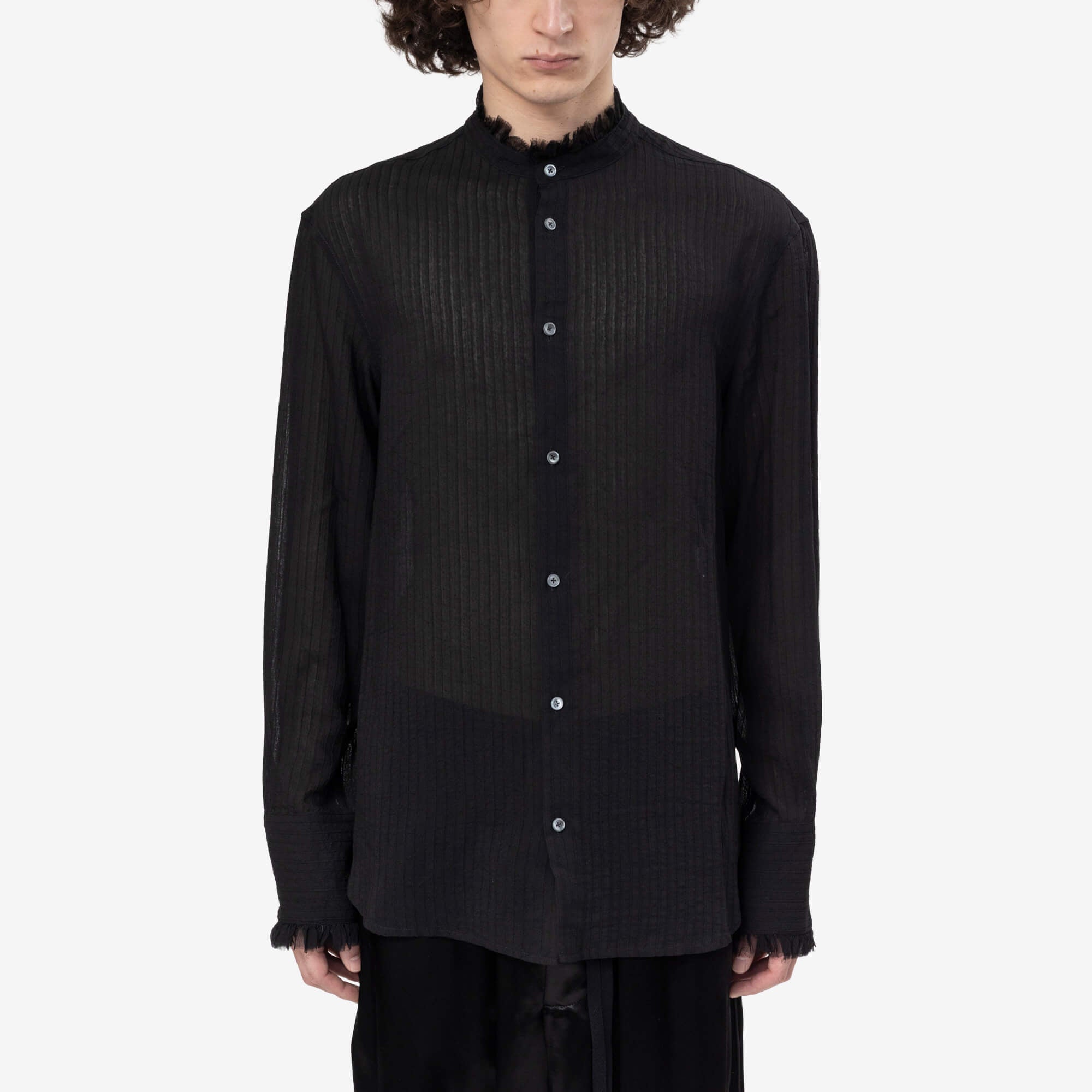 Ann Demeulemeester Flosi Silk Creponne Ruffles Stand Collar Standard Shirt Black - 1
