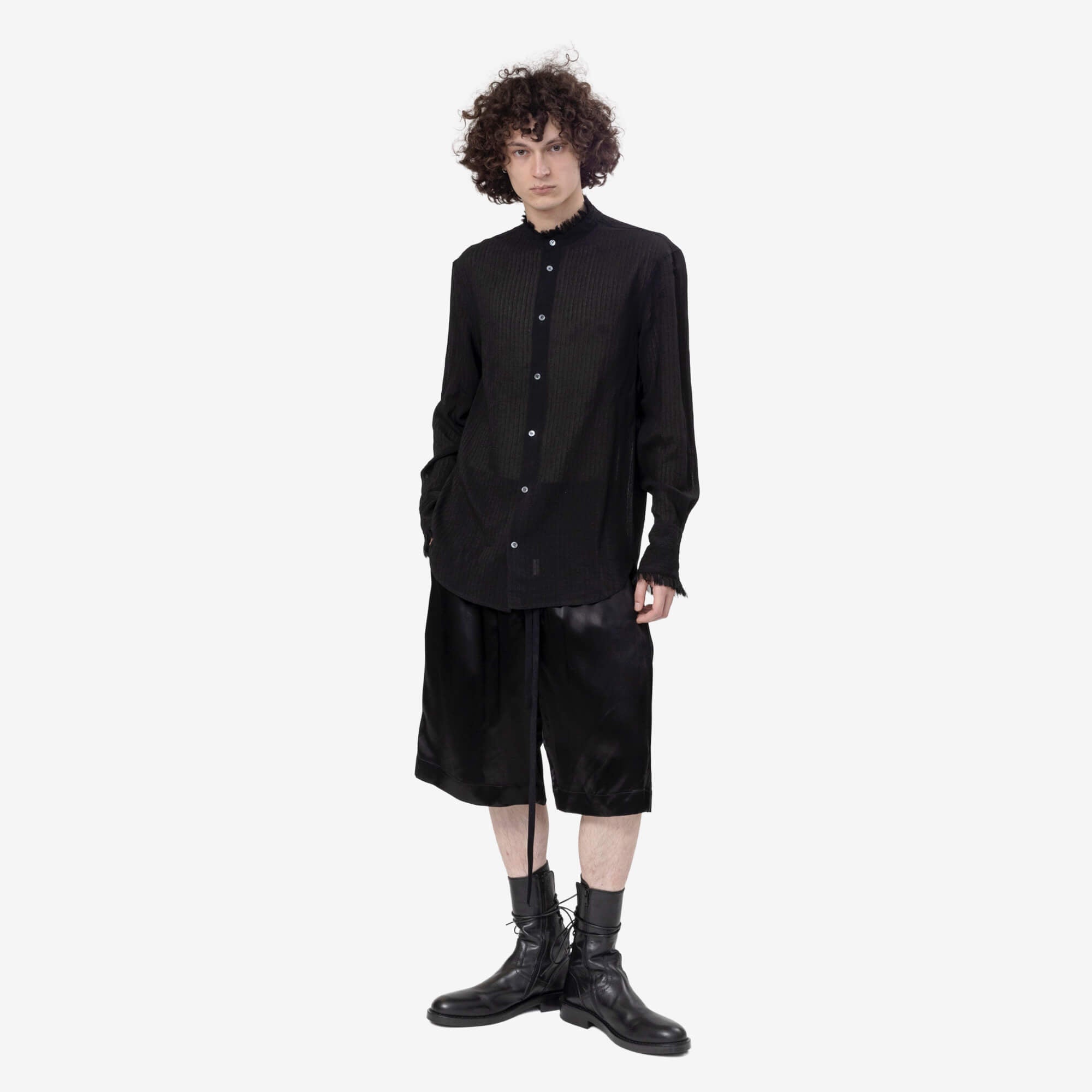 Ann Demeulemeester Flosi Silk Creponne Ruffles Stand Collar Standard Shirt Black - 2