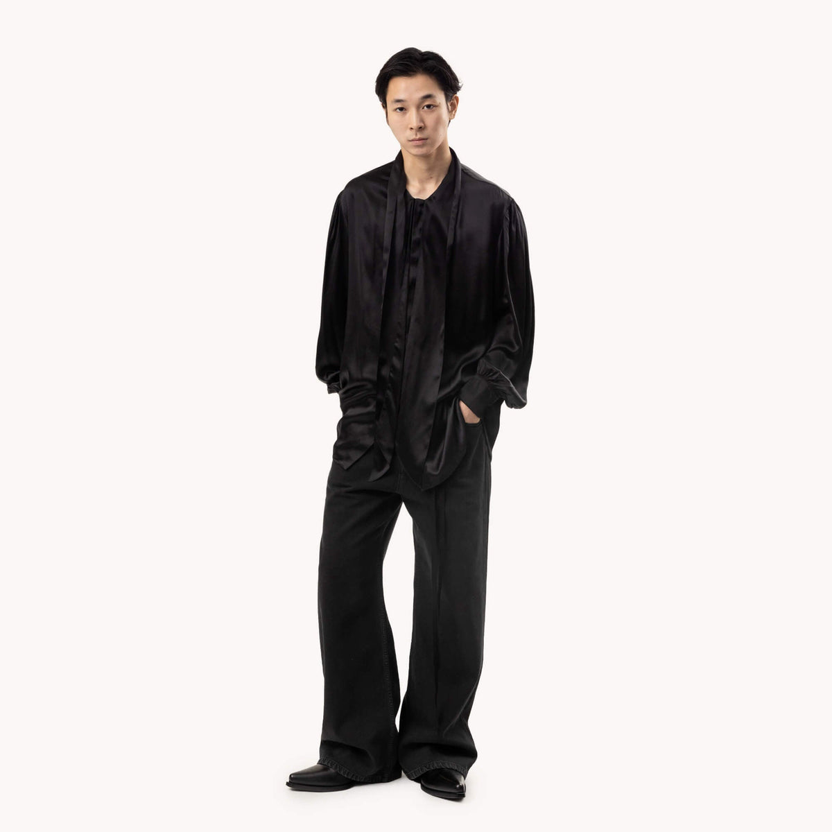 Ann Demeulemeester Runo Bow Tie Collar Satin Shirt Black-2