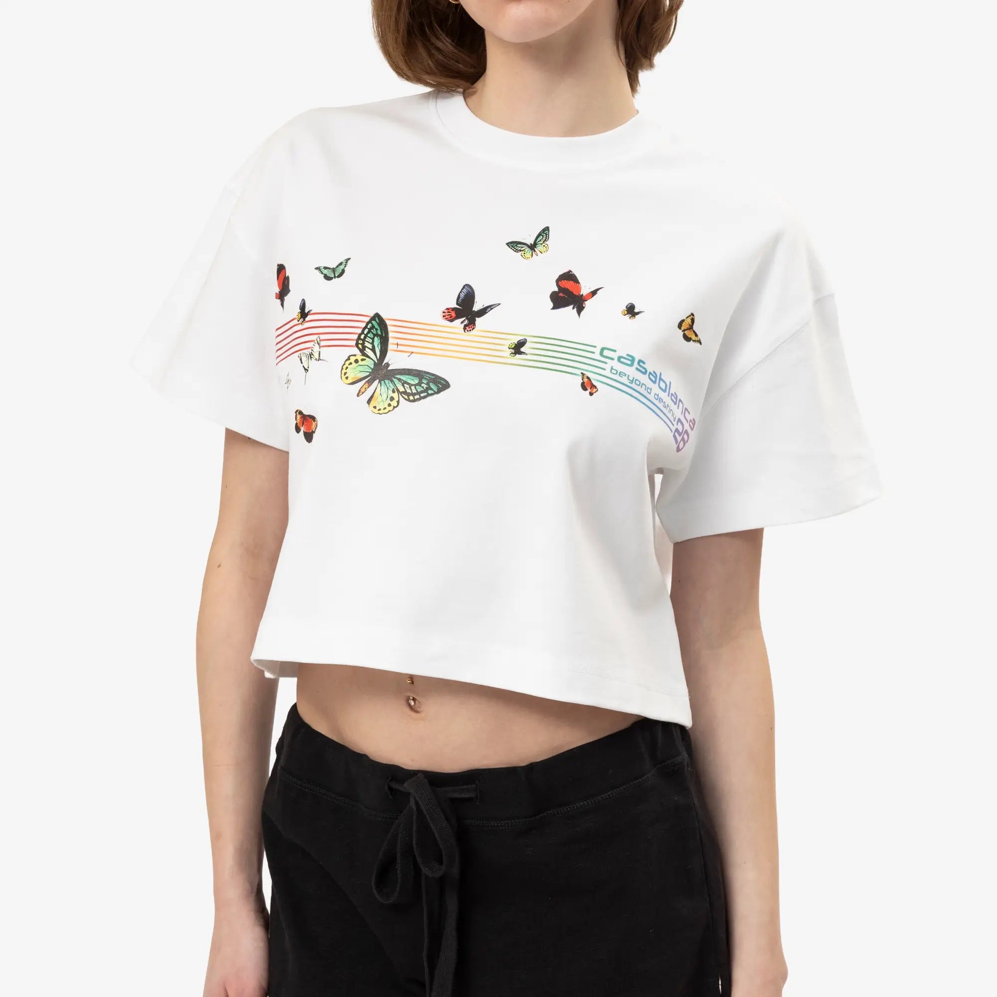 Casablanca Womens Butterfly Boxy Cropped T-Shirt White - 5