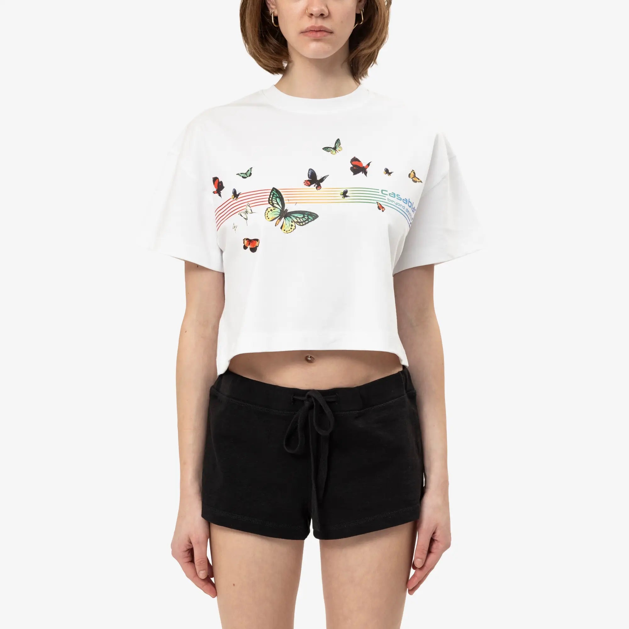 Casablanca Womens Butterfly Boxy Cropped T-Shirt White - 1