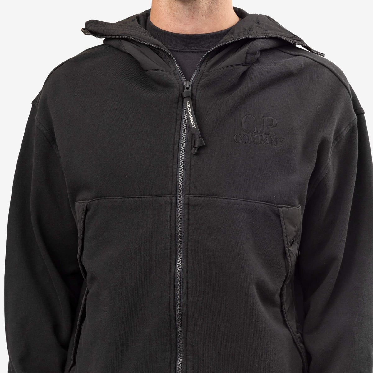 C.P. Company Diagonal Raised Fleece Mixed Boxy Hooded Sweatshirt Black-5