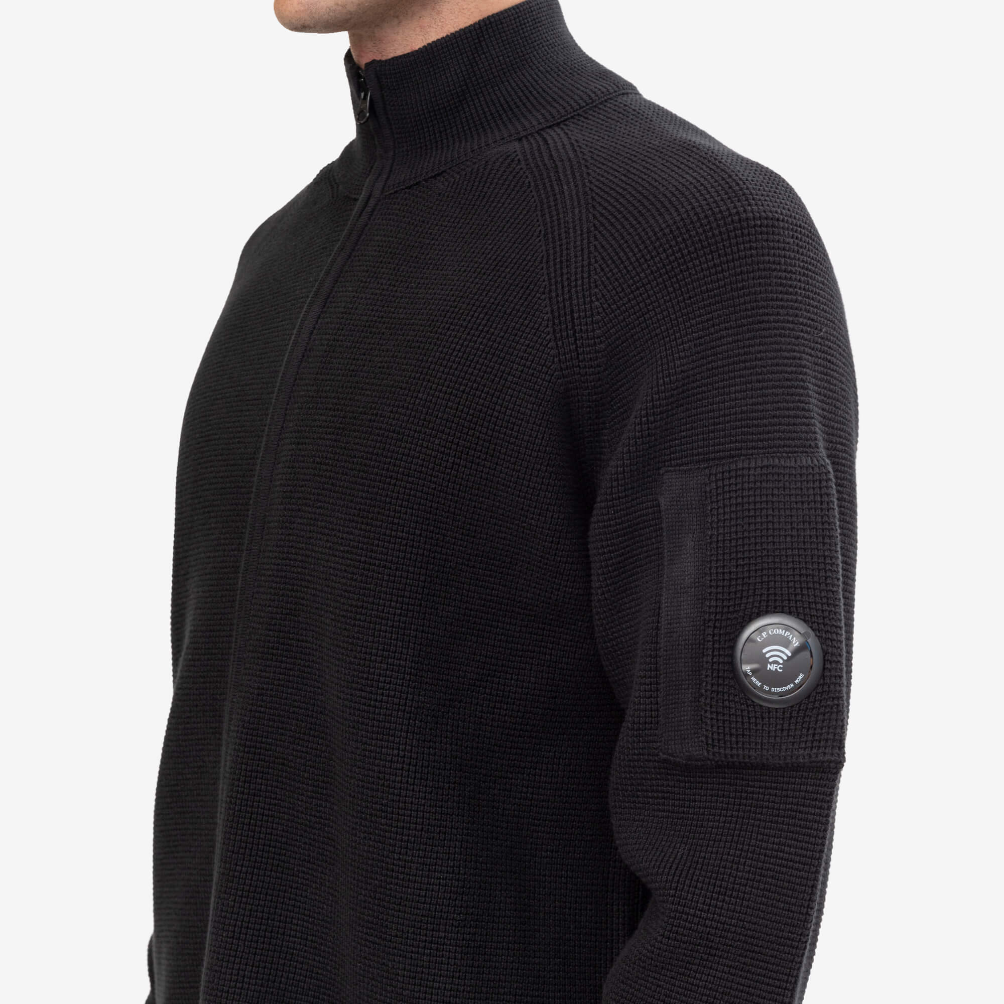 C.P. Company Waffle Knit Cotton Zip Lens Cardigan Black-5