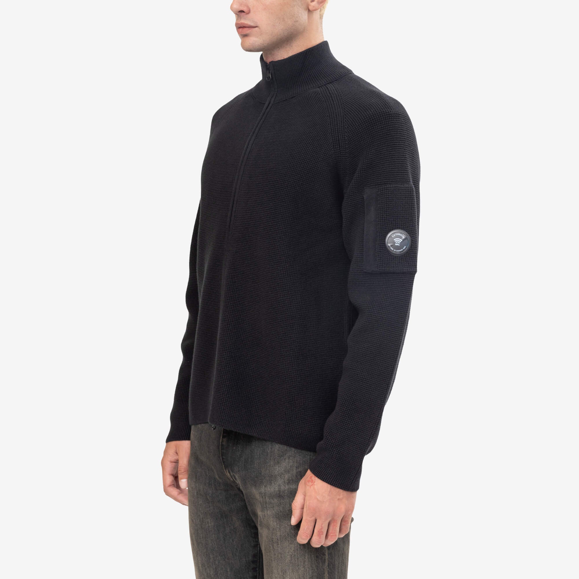 C.P. Company Waffle Knit Cotton Zip Lens Cardigan Black-3