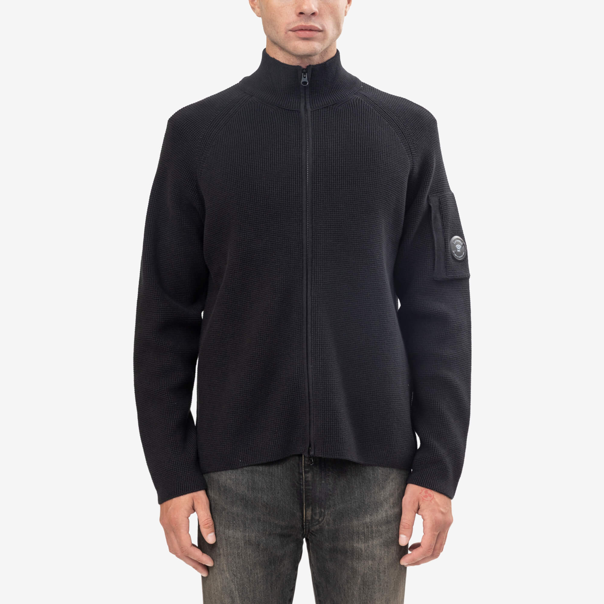 C.P. Company Waffle Knit Cotton Zip Lens Cardigan Black-1