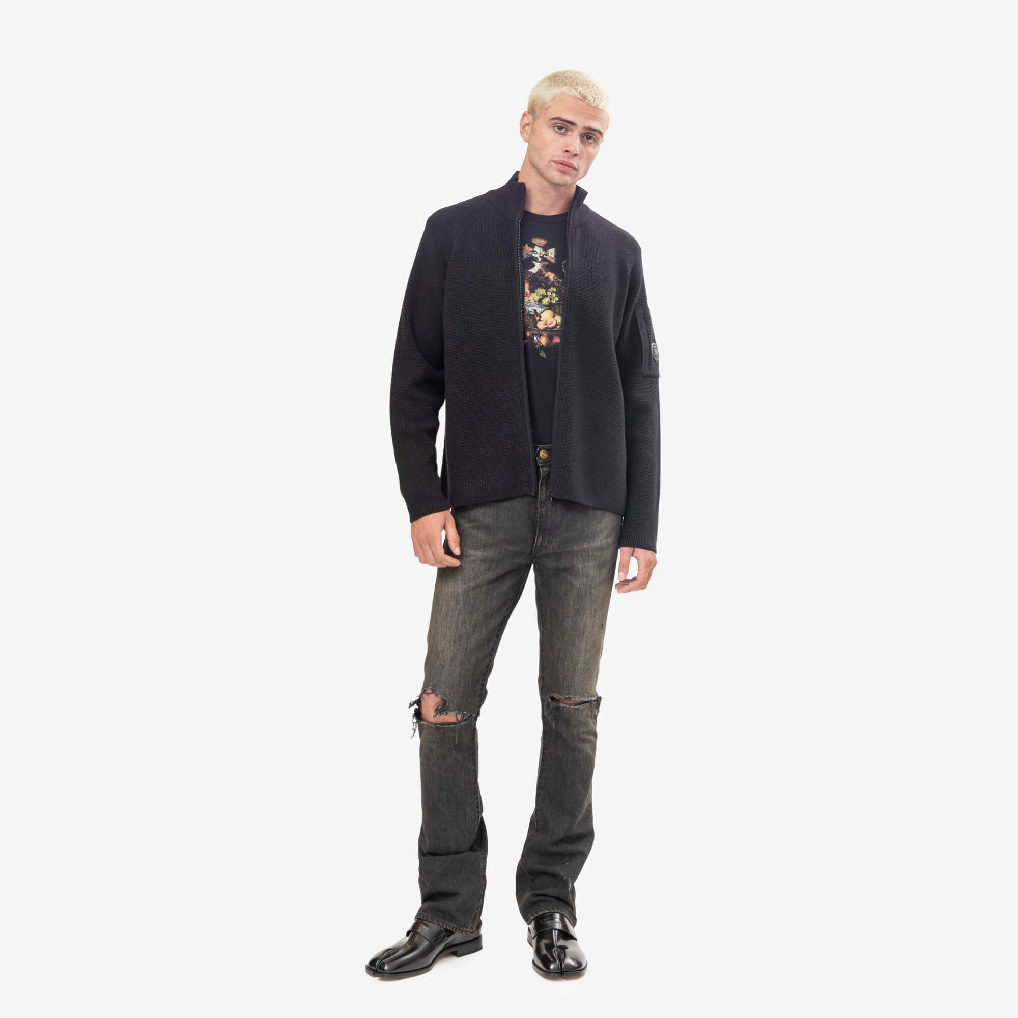 C.P. Company Waffle Knit Cotton Zip Lens Cardigan Black-2