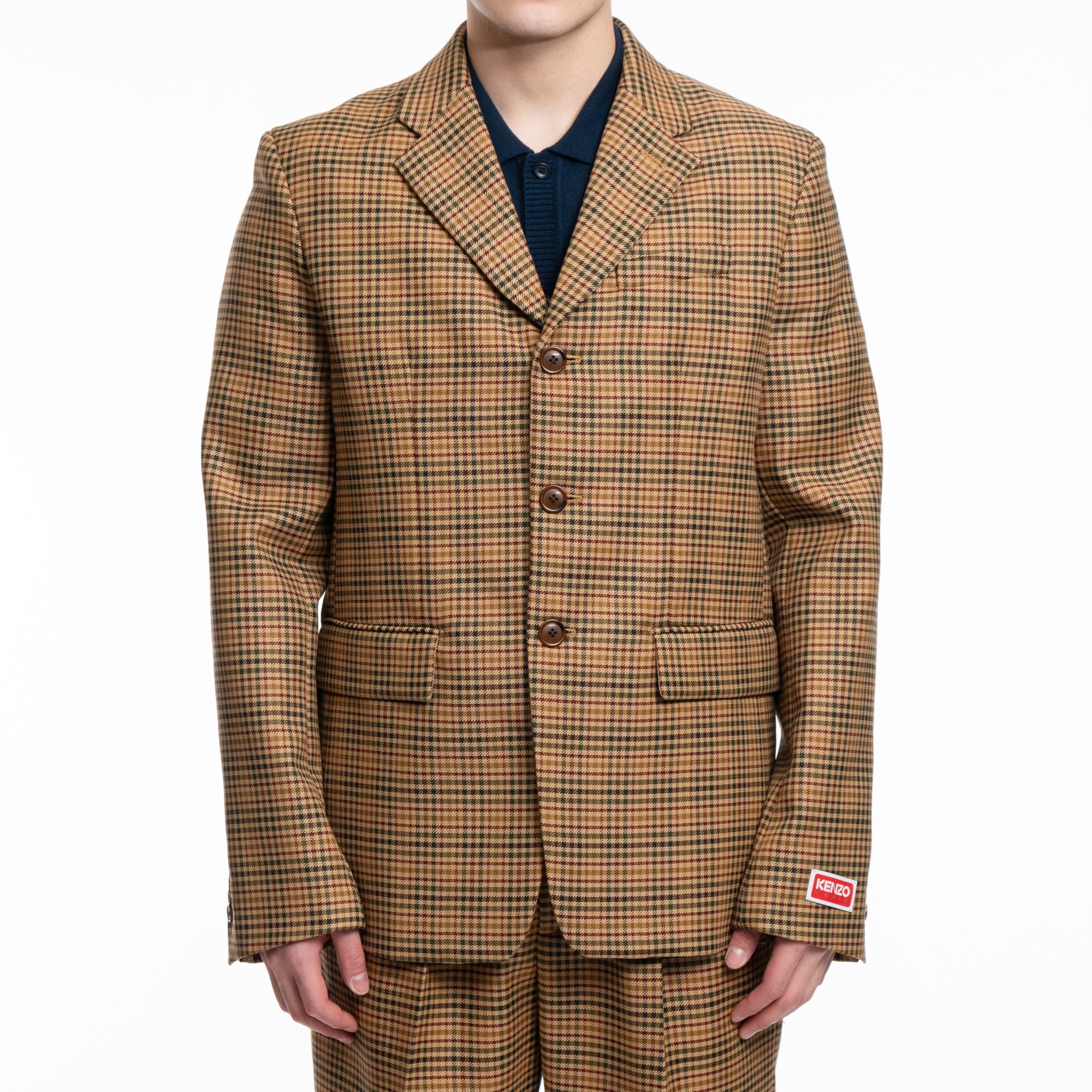 Kenzo Checked 3 Button Slim Jacket Dark Camel - 1