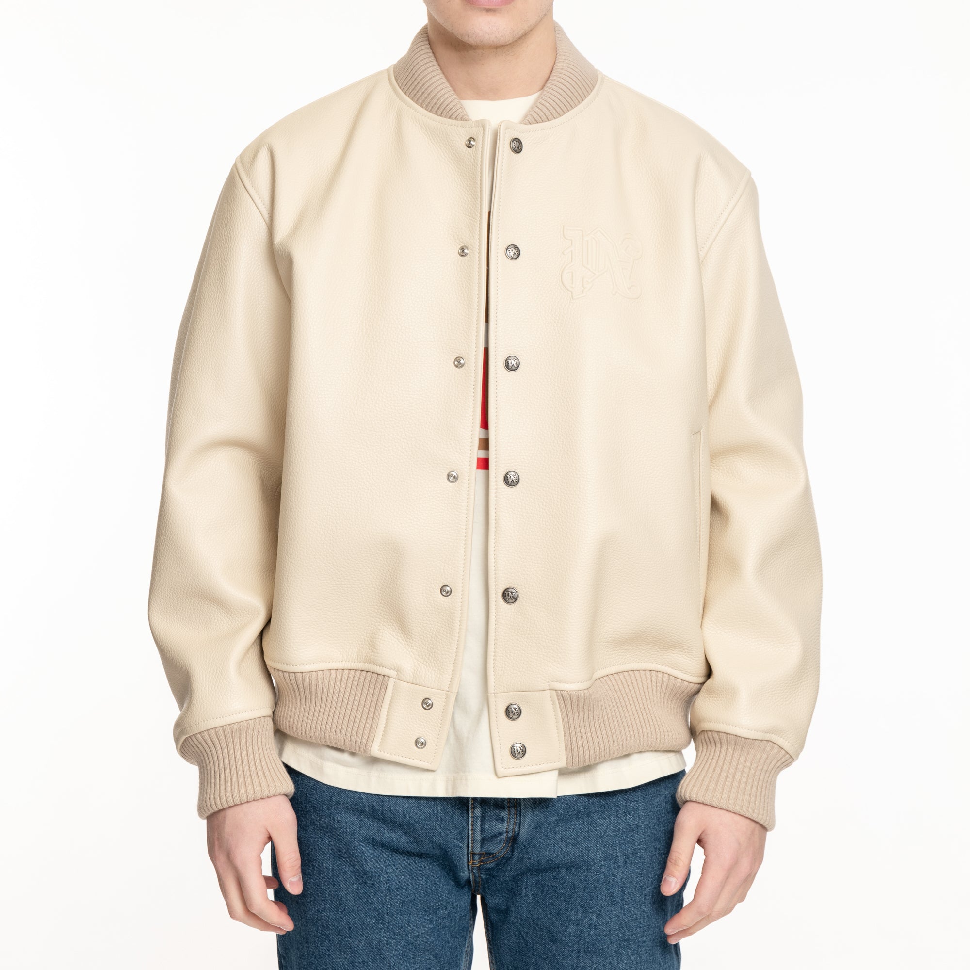 Palm Angels Monogram Leather Bomber Beige - 1