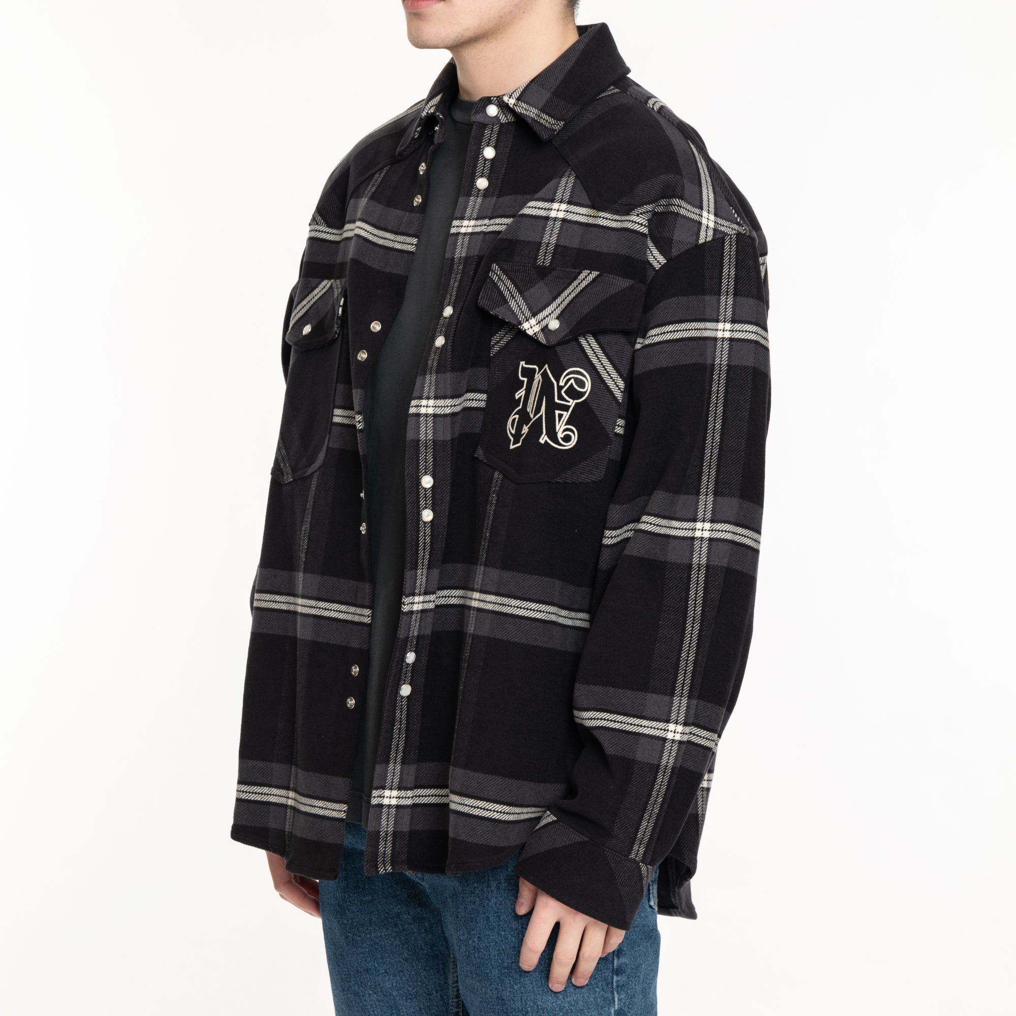 Palm Angels Monogram Check Overshirt Anthracite - 3