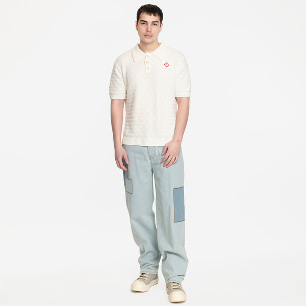 Image 4 of Casablanca Triangle Boucle Polo Shirt Shirt with blue Drole de Monsieur jeans and Rick Owens sneaks in pearl
