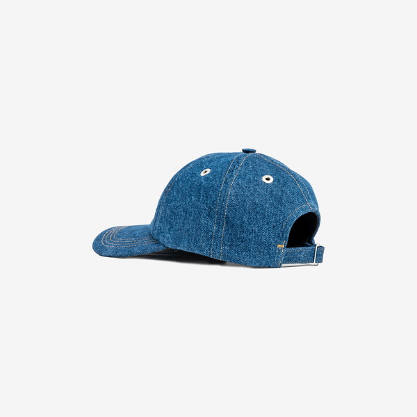 angled view of the back of the denim cap, adjustable strap 