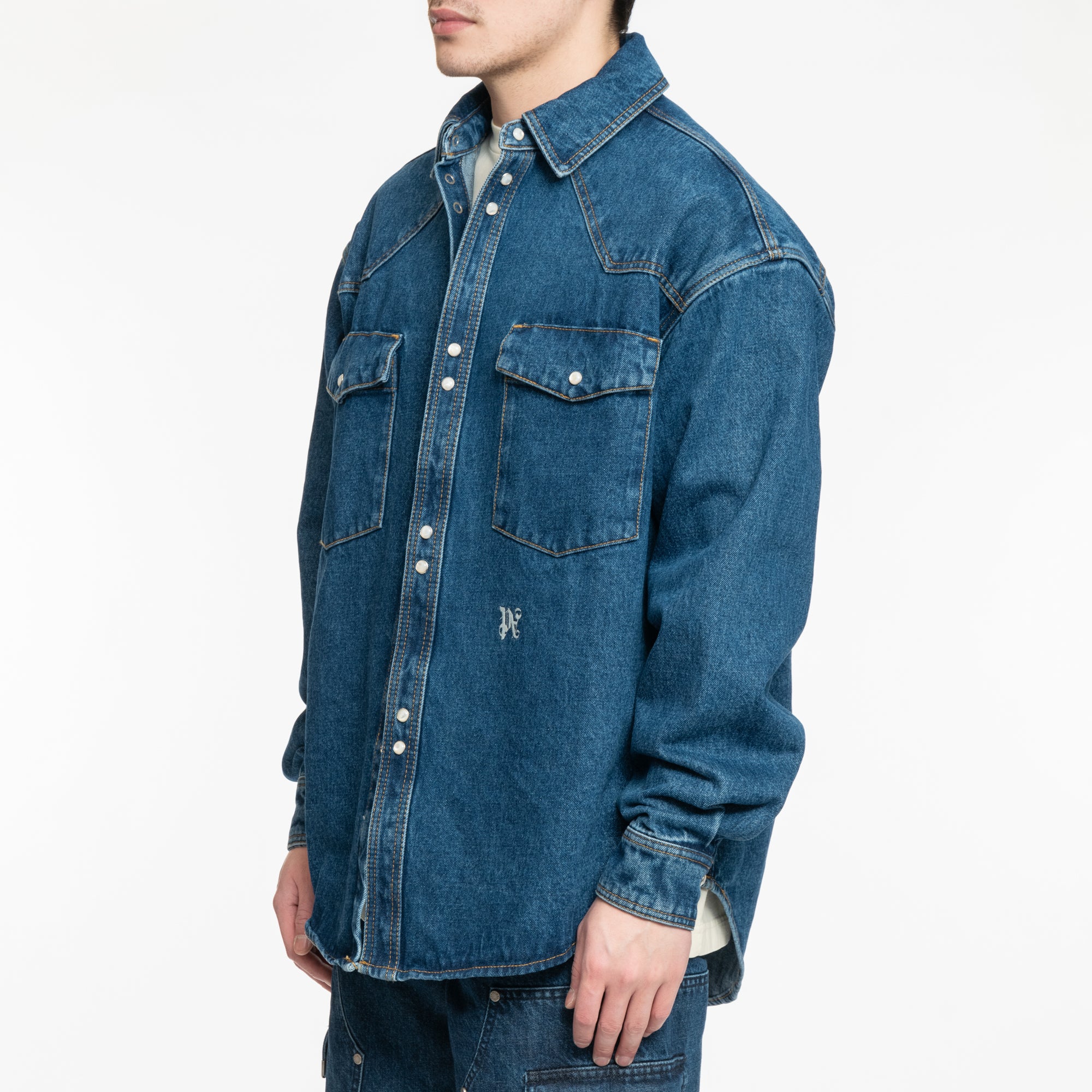 Palm Angels LW Monogram Denim Shirt Light Blue - 3