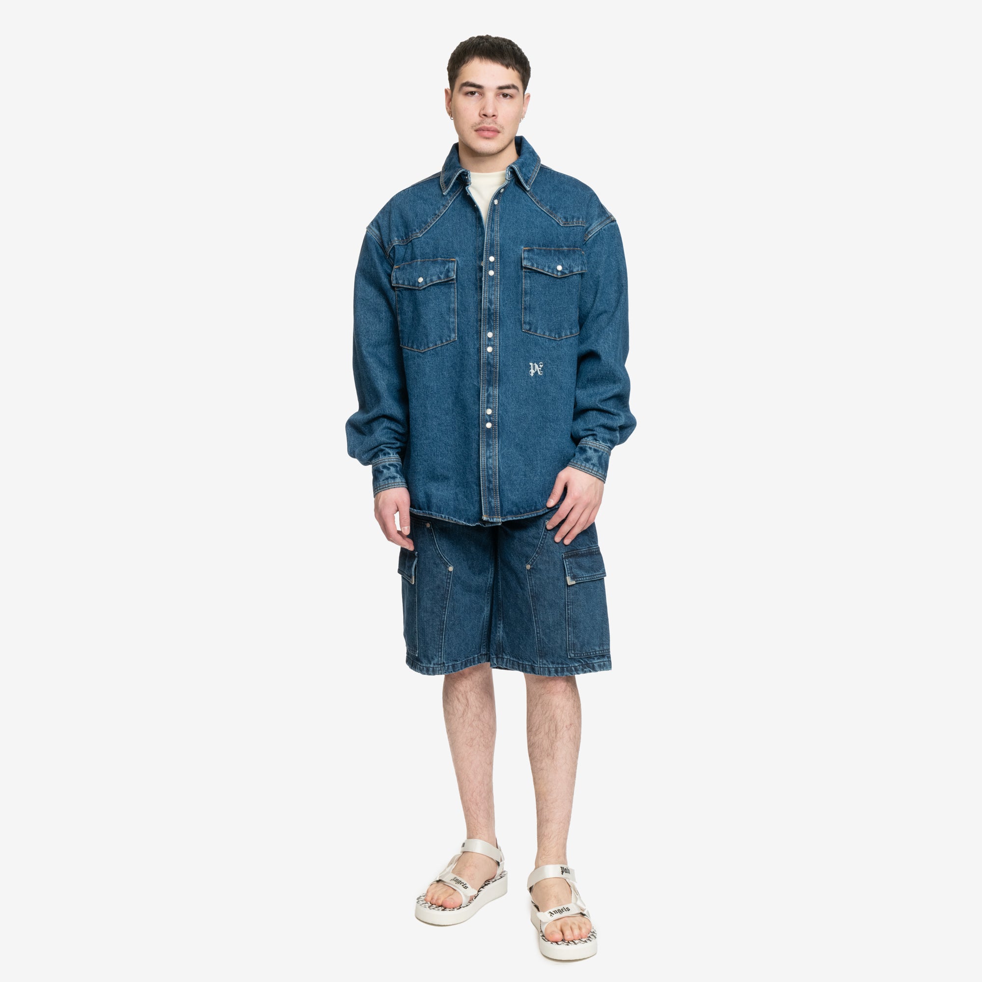 Palm Angels LW Monogram Denim Shirt Light Blue - 2