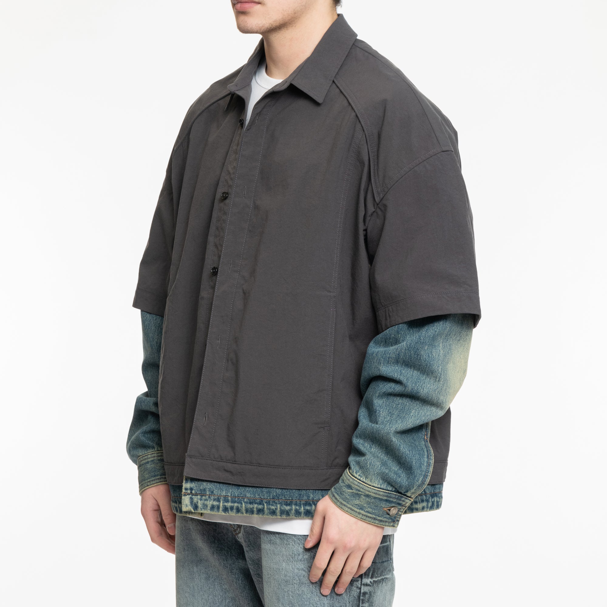 Juun.J Denim Sleeve Layered Nylon Shirt Grey - 3