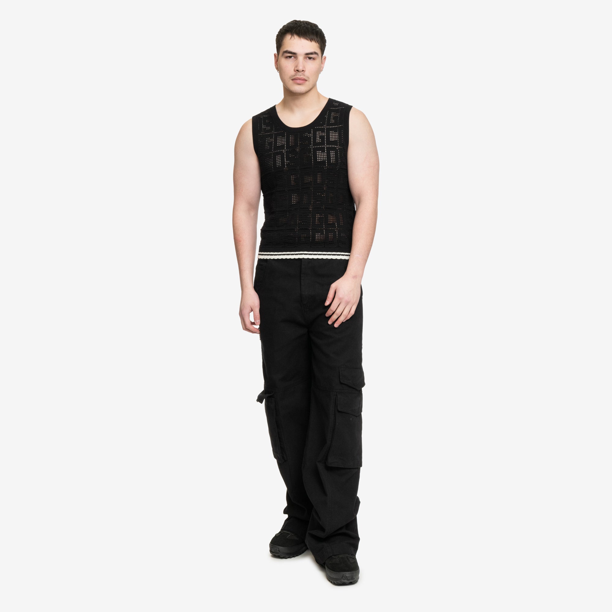 GCDS Monogram Macrame Knit Tank Top Black - 2