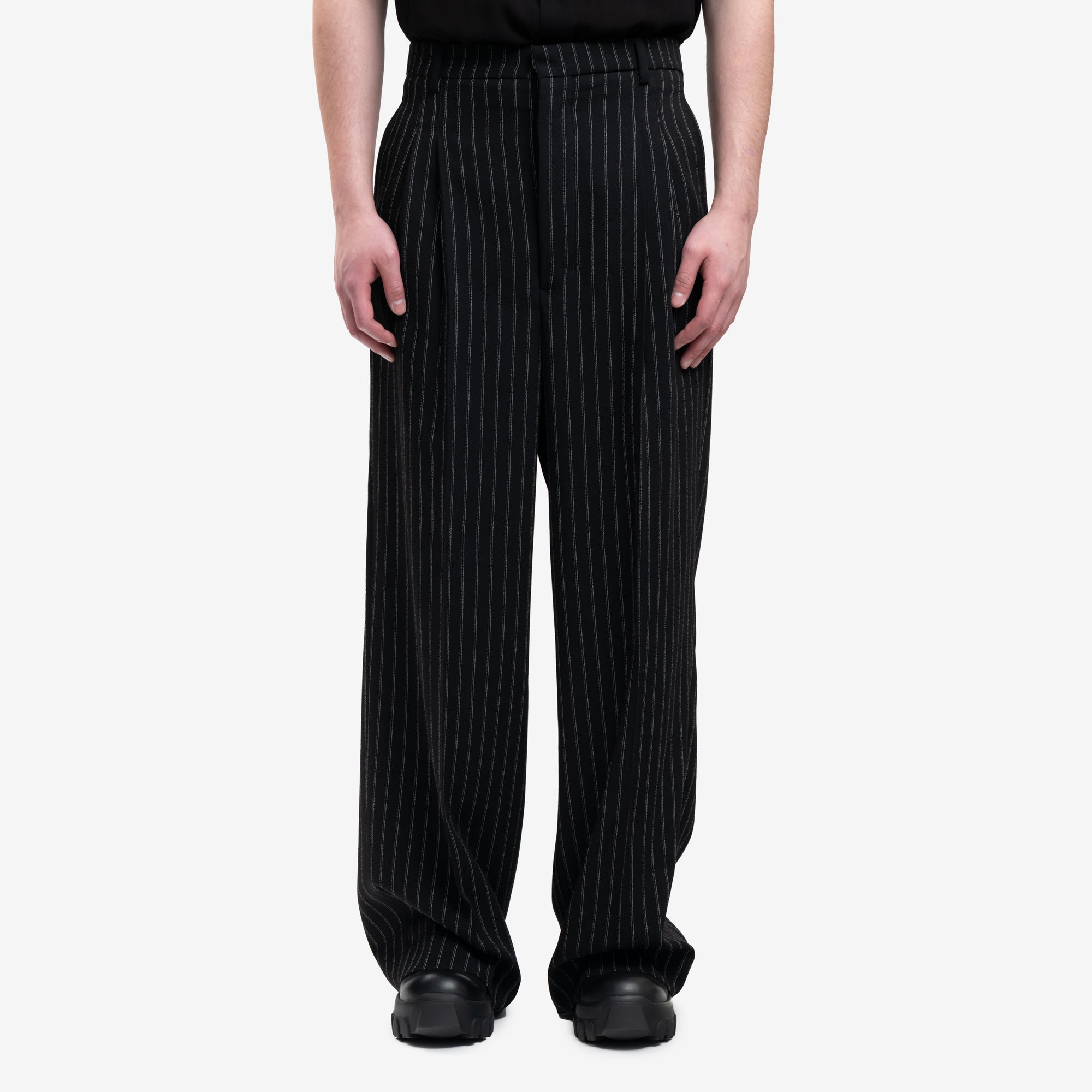 AMI High Waist Large Stripe Trousers Black Chalk - 1