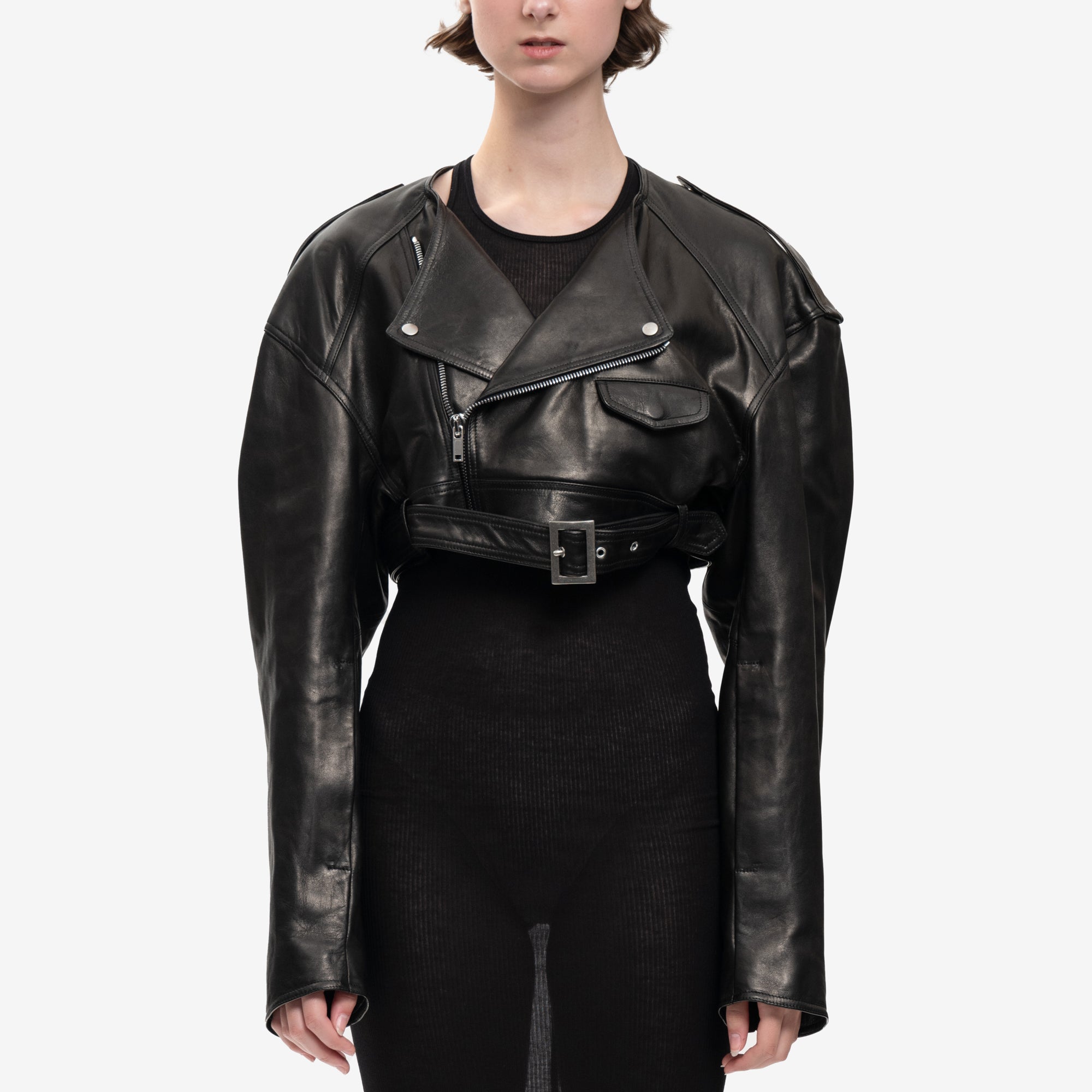 Rick Owens Womens Micro Biker Leather Jacket Black - 1