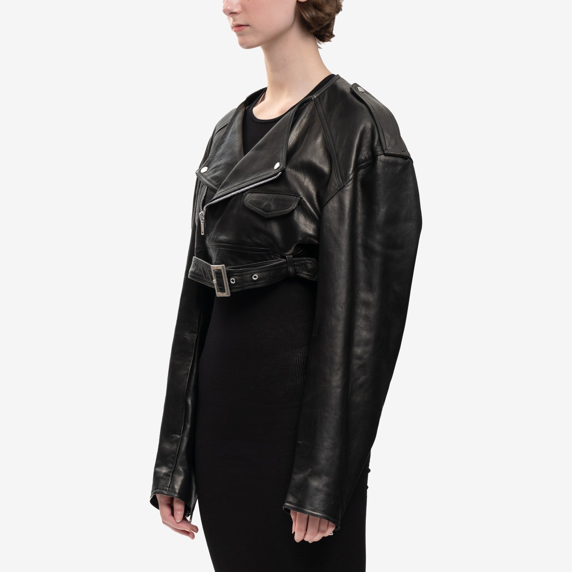 Rick Owens Womens Micro Biker Leather Jacket Black - 3