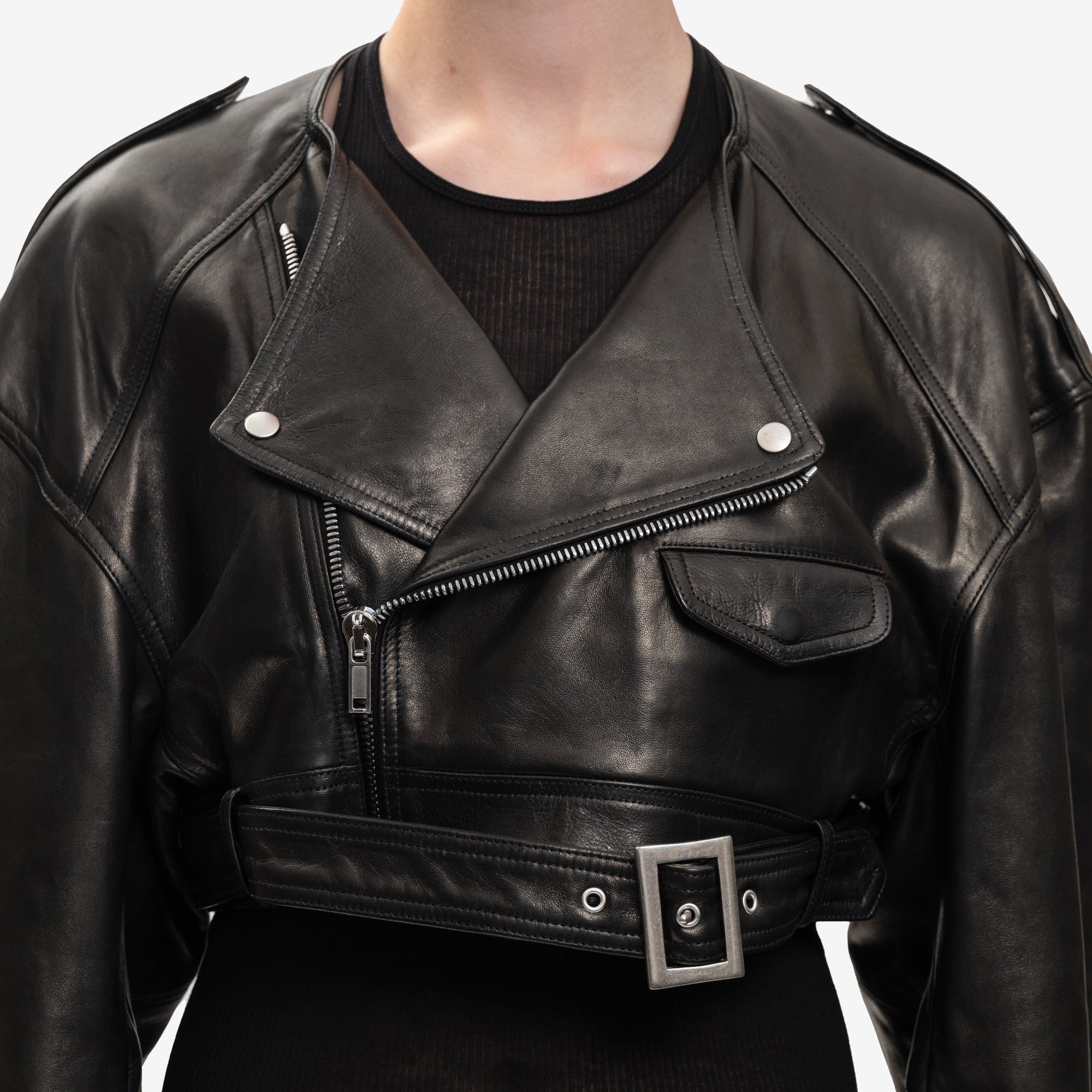 Rick Owens Womens Micro Biker Leather Jacket Black - 5