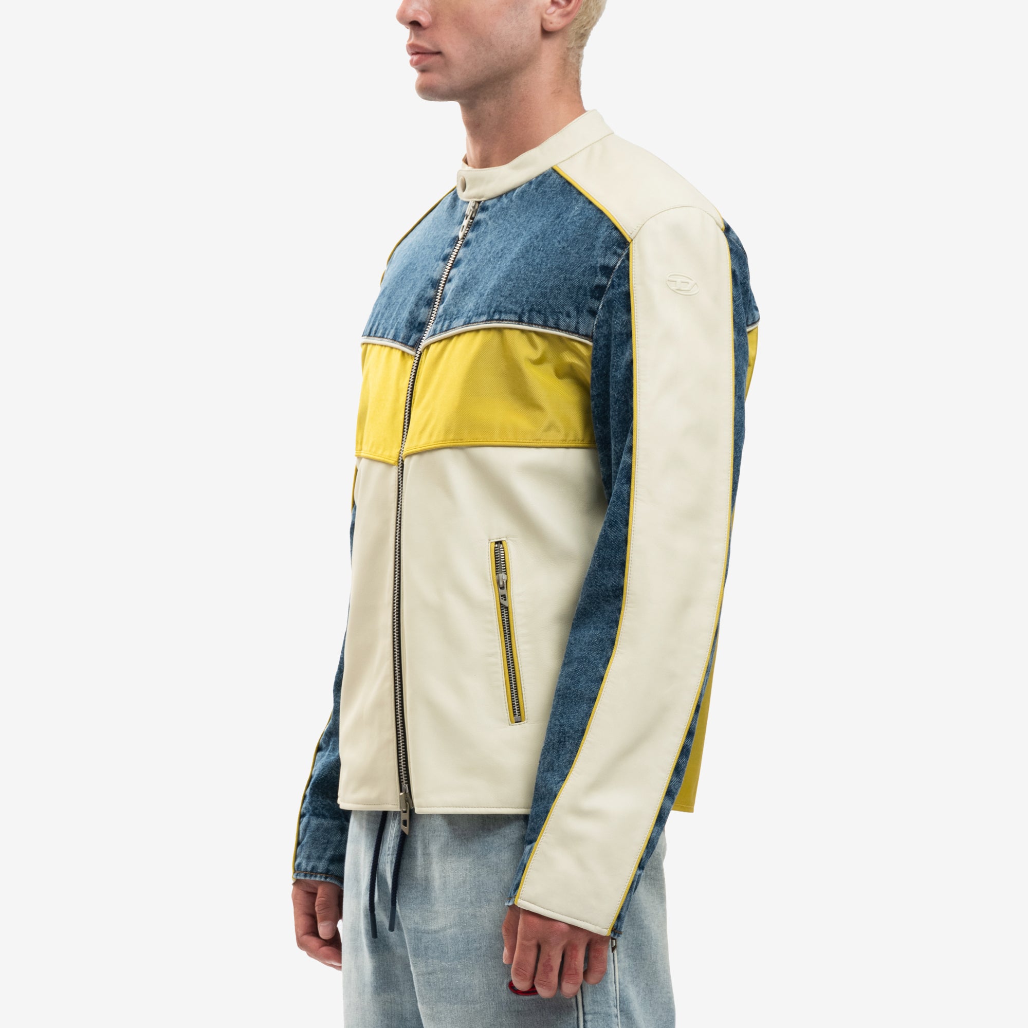 DIESEL Denim Contrast Leather Jacket Off White - 3