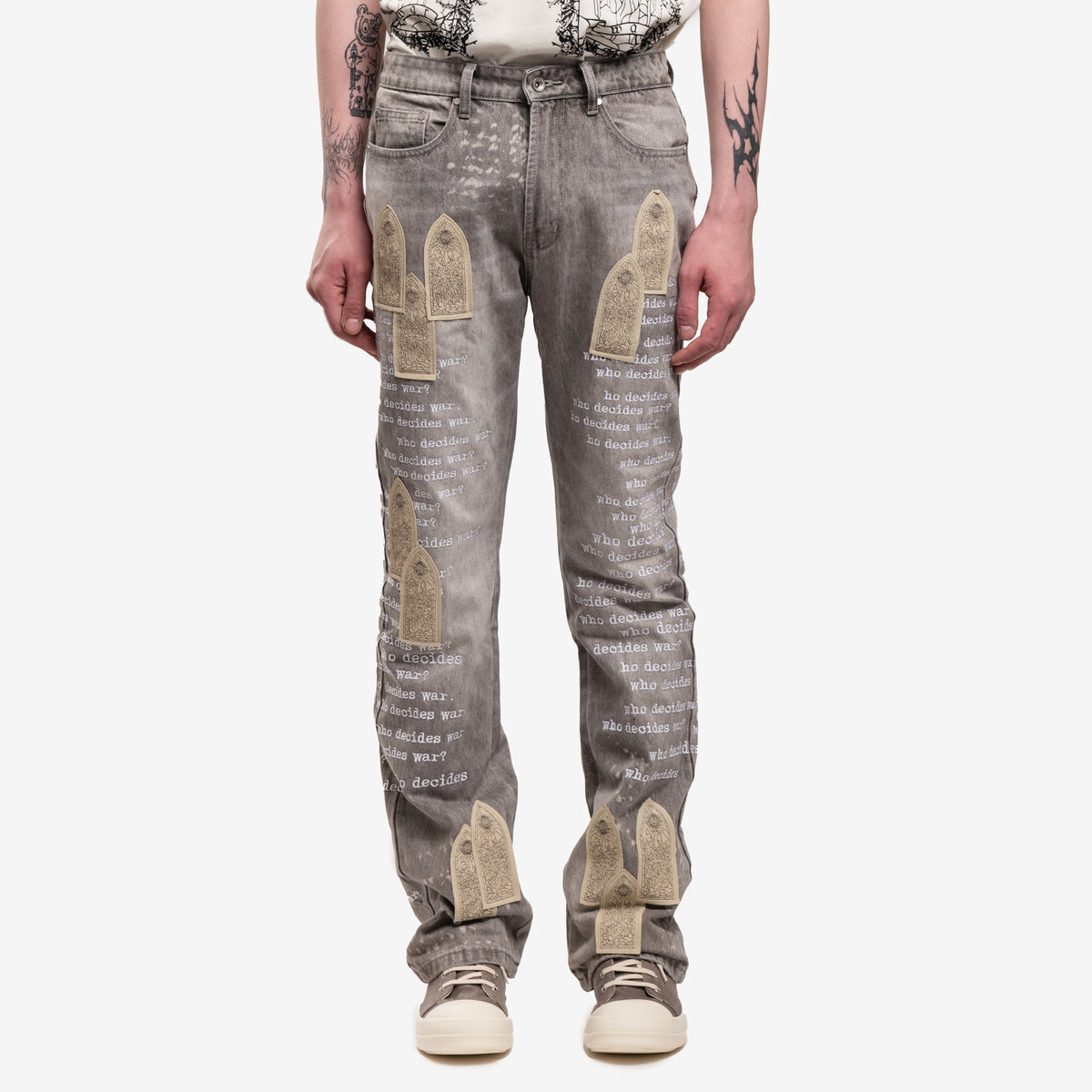 Jean Material With Scriptures Mens Who Decides War Jeans Scripture Denim in Vintage Grey
