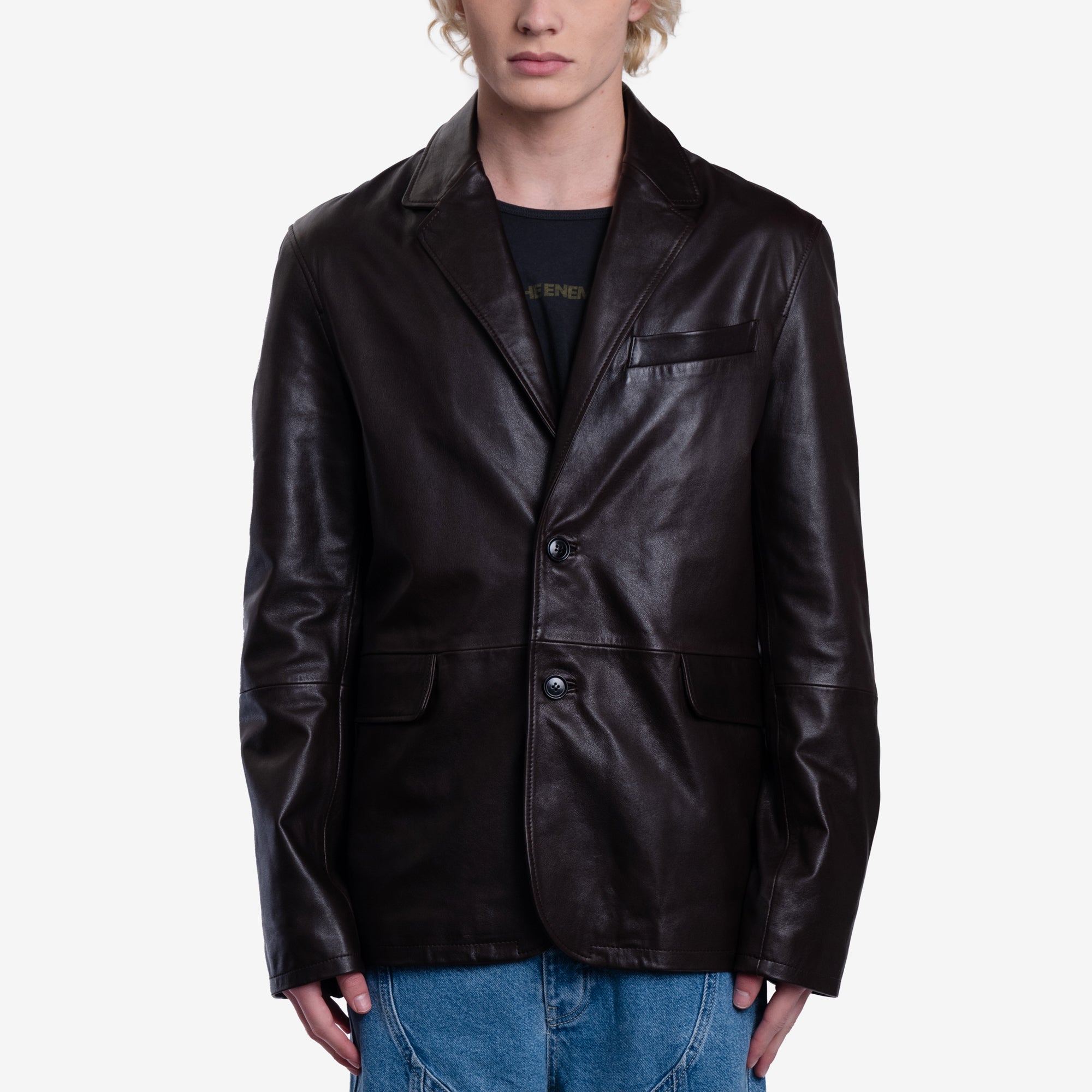AMI Leather Two Button Jacket Dark Coffee - 1
